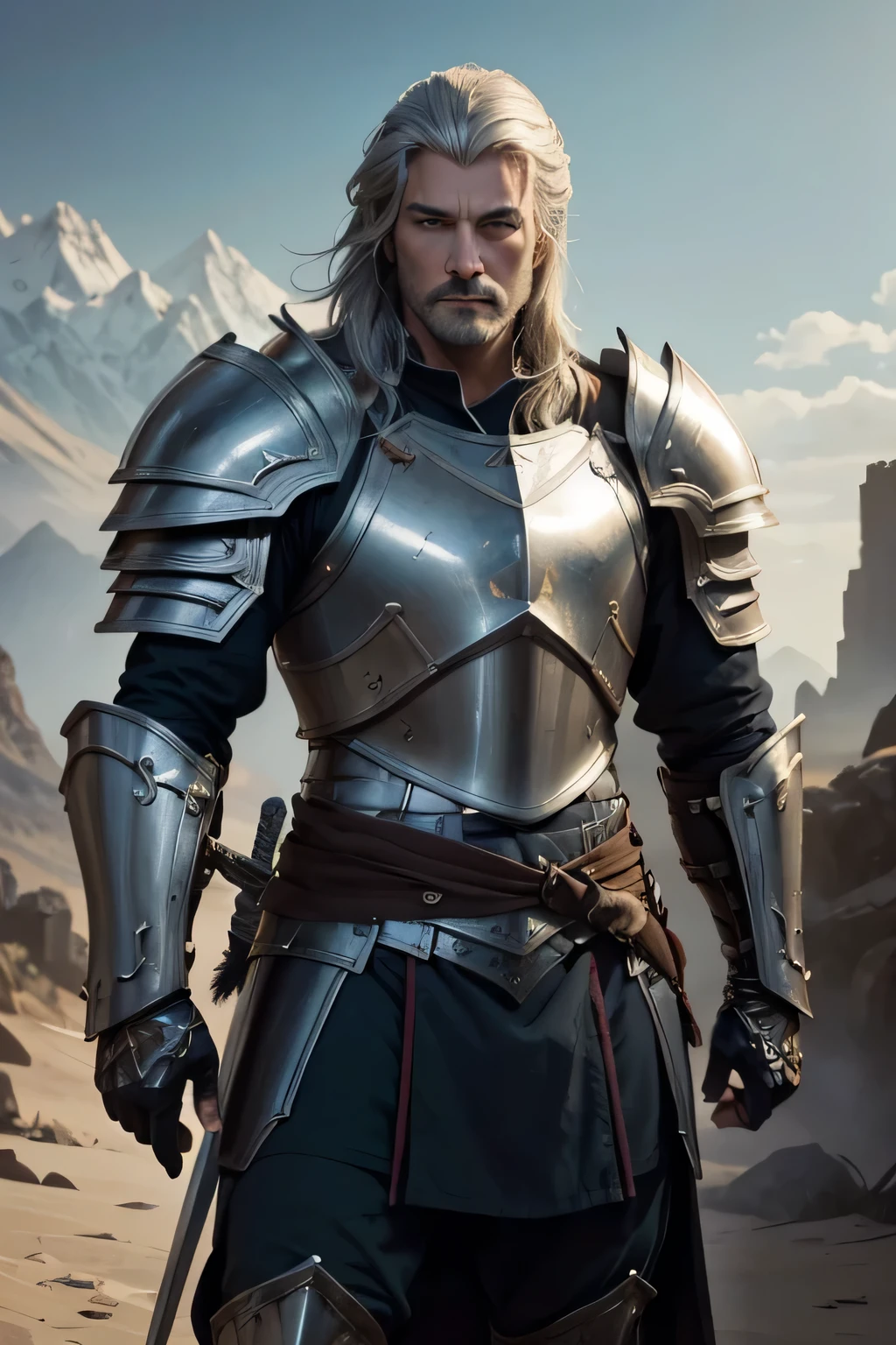 image of a man in armor with a sword, Super handsome,Paladin,William H.. Pongilppi, Arsen Lupin as Paladin, wojtek fus, andreas rocha and john howe, ArtGerm Craig Mullins, ArtgermとCraig Mullins, Fantasy warriors in full armor, Attractive man in armor, silvain sarrailh, Malepaladin,Beautiful expression, silver hair, beardless