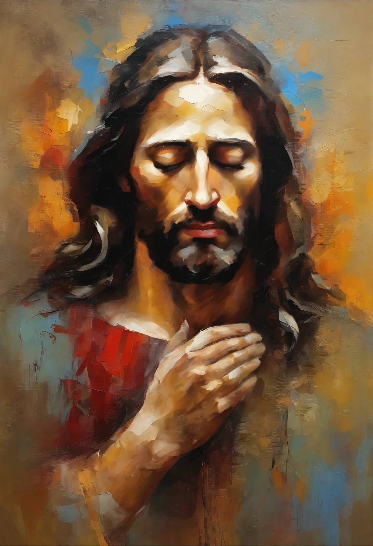 "Generate an image of Jesus in your profile, Capture in moments of deep prayer, Gently clasp your hands together,big cross."