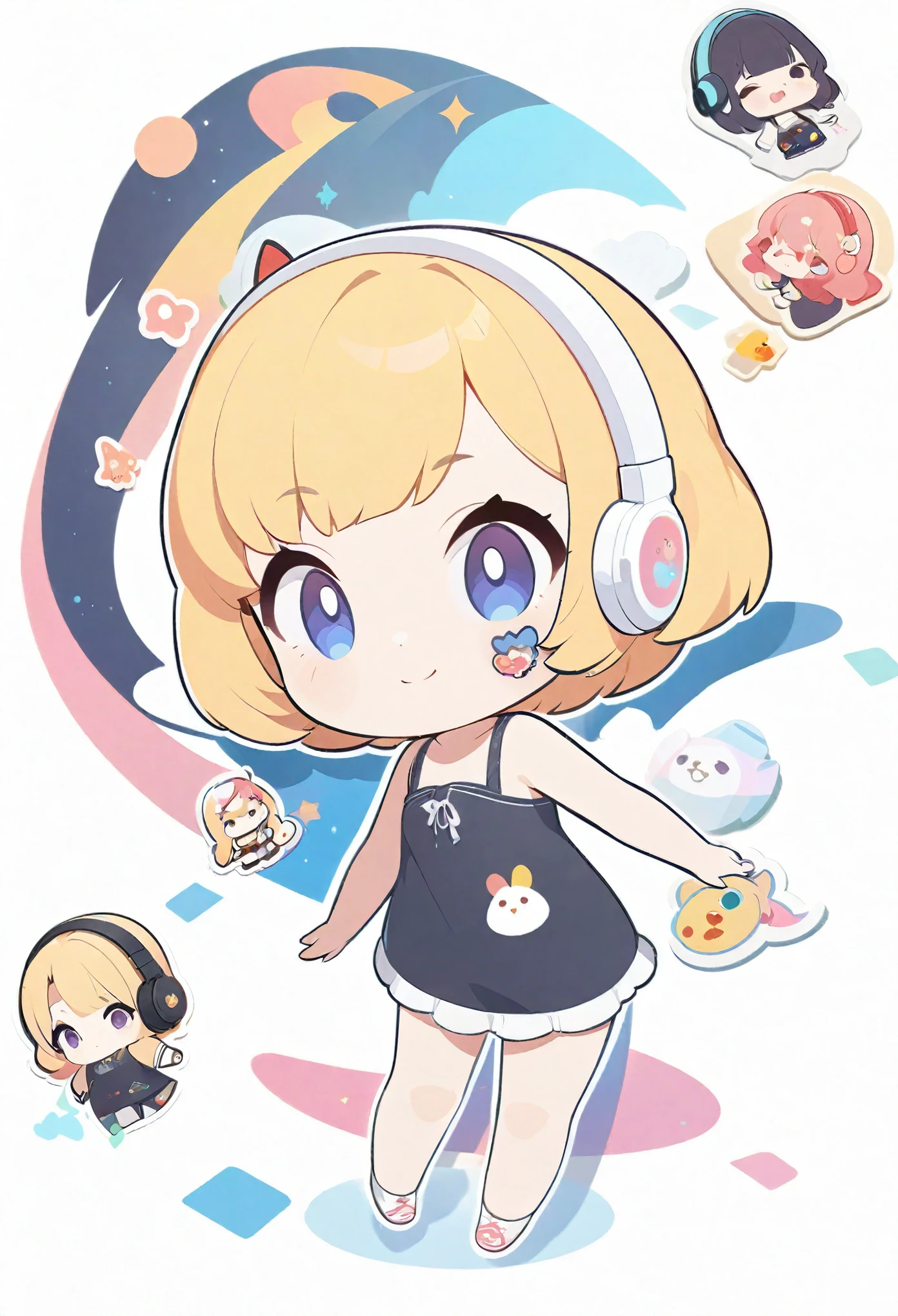 Drawing sticker of a girl with bob and dark dress, cute 2d rendering, cute detailed digital art, mini cute girl, cute digital painting, 2d rendering stylized, cute digital art, cute rendering 2d anime girl, little curve , cute! C4D, a single character full body, standing on a white base, headphone, sticker