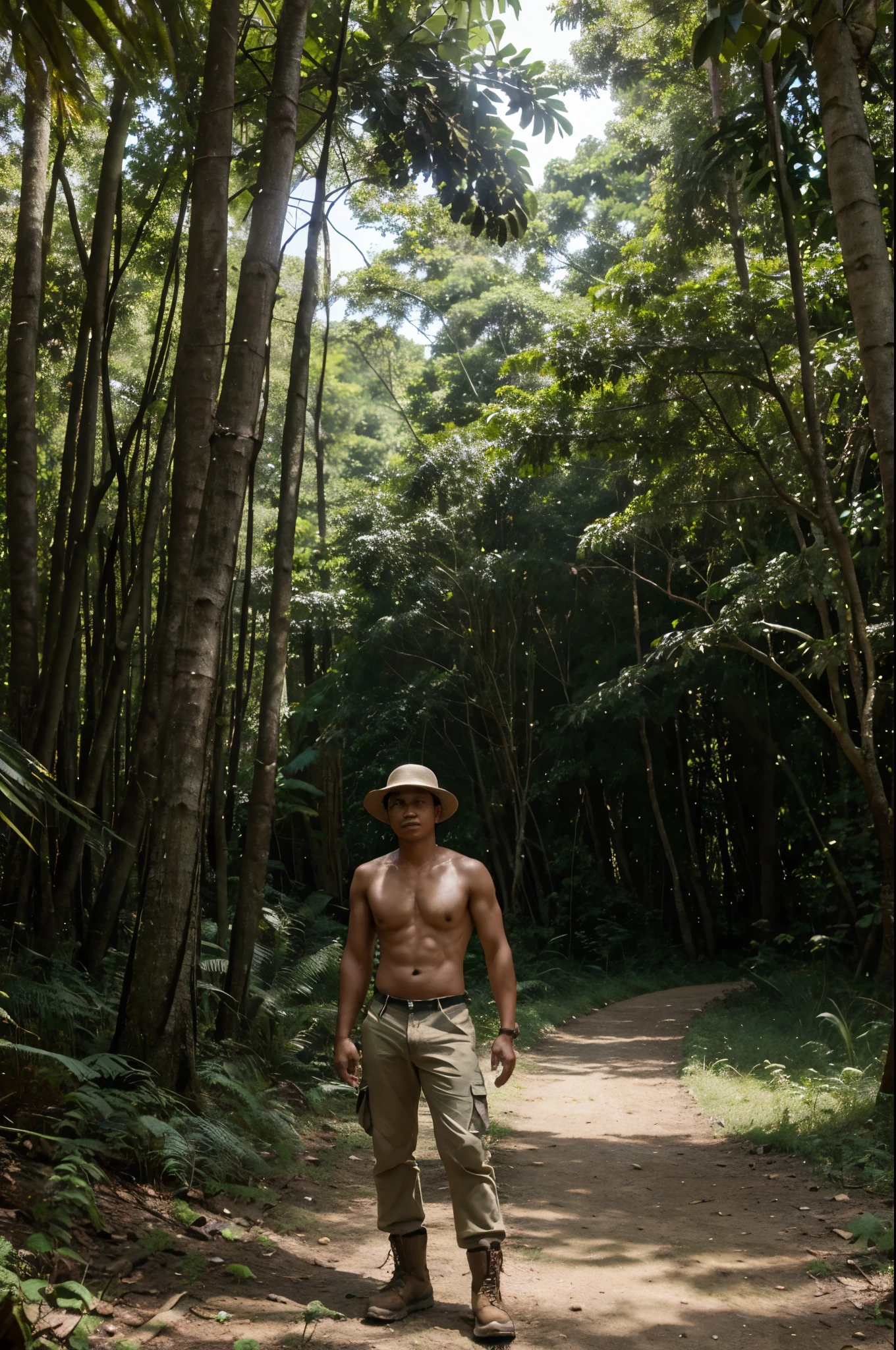 A shirtless Indonesian man wearing a wide-brimmed hat, beige cargo pants, and hiking boots stands confidently in a forest. He is holding the top of a large blue backpack that rests on the ground next to him. The lush green forest with various trees and foliage forms the background.