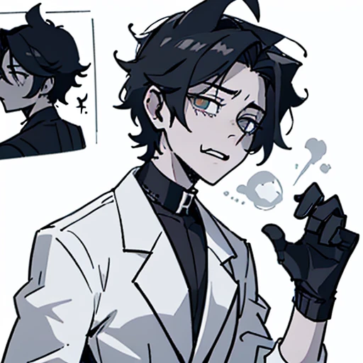 Anime boy, simple black hair, panic emotions, pale, miserable, panic, need help, black theme, dark, creepy, weird, white shirt, pathetic, lost mind, weirdo, man, thin, dirty, he looks scary.
