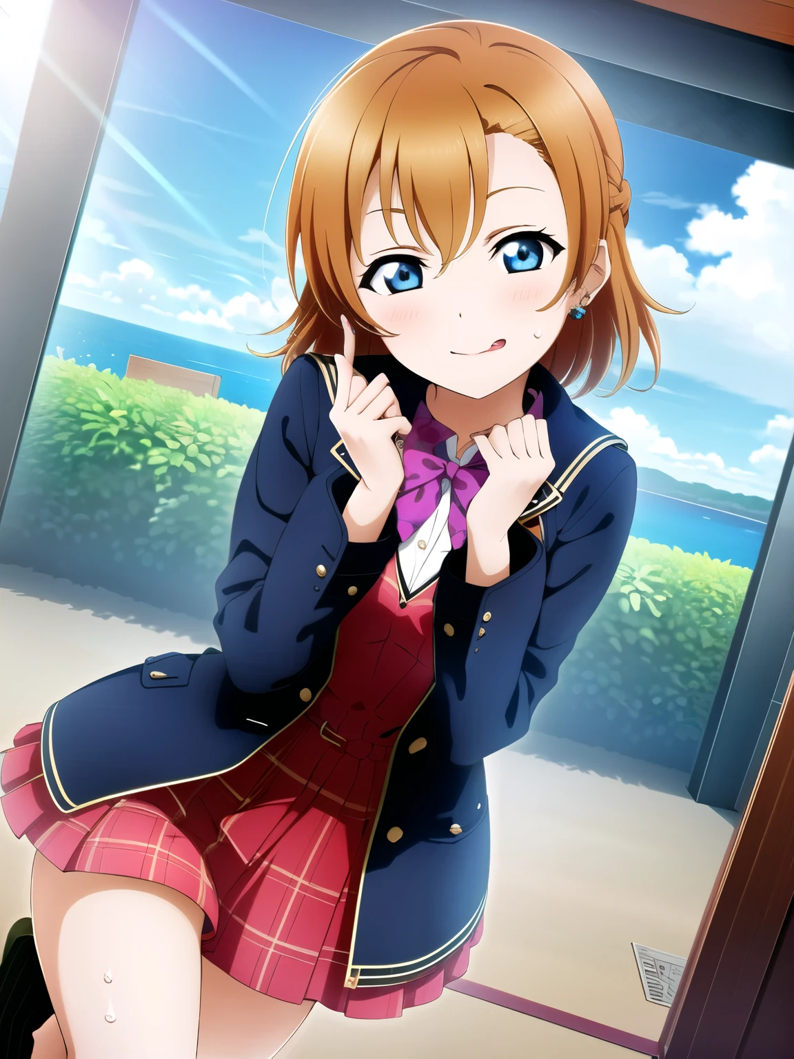 1girl, solo,(best quality),(masterpiece:1.1),Kousaka Honoka,(school uniform:1.4),dress, looking_at_viewer, neck_ribbon, cute, clear facial skin, (masterpiece, highest quality:1.2), (Tsurime:1.2),
 Tsurime, 1 girl, Soryu Asuka Langley, alone, blue eyes, , looking at the viewer, long hair, think back, Tokyo-3 middle school , orange hair, white shirt, from behind, shirt, short sleeve, closed mouth, bangs, two side up, stage, legs stick out from frame, white socks, suspender skirt, blue skirt, blue dress, outdoor, dress, hair ornaments, ((masutepiece, Best Quality, hight resolution, nffsw, Perfect Pixel,  4K, nffsw, nffsw))), 1girl in, Single, Solo, Beautie、full body seen、 ((Middle Wave Hair, Bangs, Brown hair)), ((Brown-eyed, Beautiful eyelashes, Realistic eyes)), ((Detailed face, Blushing:1.2)), ((Smooth texture:0.75, Realistic texture:0.65, Photorealistic:1.1, Anime CG style)), medium breasts, Dynamic Angle, Perfect body,  ((red bowtie, , Black jacket, Open jacket, Brown cardigan, White shirt, Black skirt, plaid skirts)), City staircase、Looking up from the bottom of the stairs、Very embarrassing panic smile, turned around、bending forward、(The wind flipped my skirt and exposed my butt......................、Touching the buttocks with both hands、Light pink floral lace panties)、asuka、　smiling at you、masterpiece, best quality, highres, kitagawa marin, 1girl, blonde hair, long hair, multicolored hair, red eyes, jewelry, earrings, piercing, , white shirt, tied shirt, black choker, blue necktie, plaid skirt, grin, smile, standing, cowboy shot, outdoors, 32K, 8K, (In the chest:1.2), Arms above the head, ((Opening legs)), ​masterpiece, Gorgeous lace string underwear in dark blue、((T-back panties that dig into the crotch))、Japan idle, Wide waist, ((open one's legs)), (Sloppily open your mouth), （Open both eyes wide), sweaty and shiny skin, Brown hair, poneyTail、Look at viewers , full body Esbian、perfect bodies、Luxury hotel lounges、
 