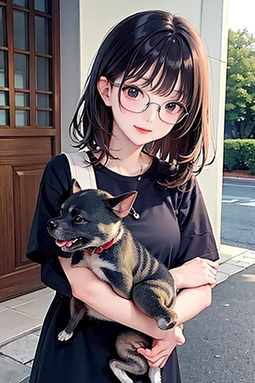 highest quality、masterpiece、High sensitivity、High resolution、One Woman、Glasses、Pet Dog、stroll、