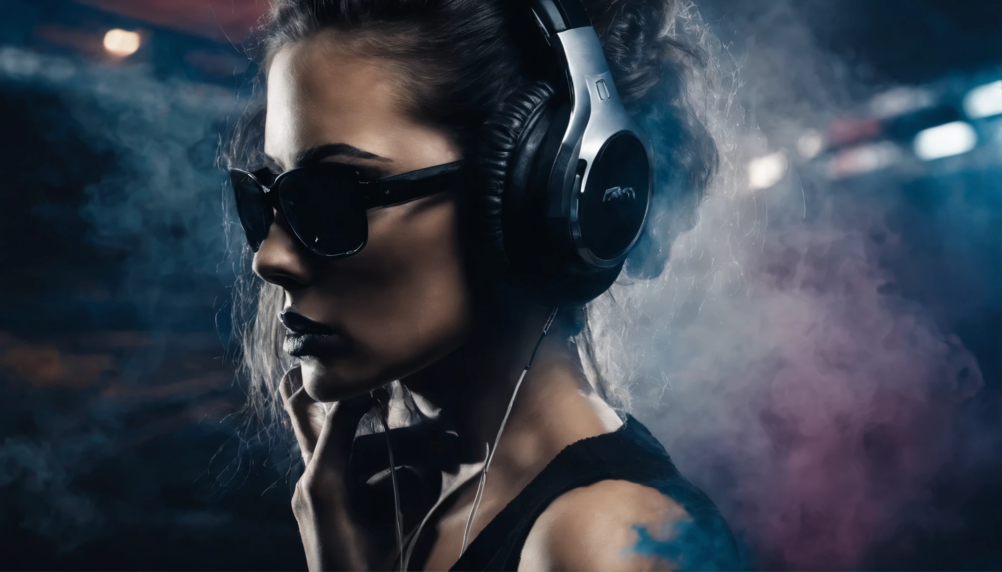 In the foreground is a beautiful young girl with long hair., wearing large stylish headphones. She looks confident and immersed in the music. There is a sports car in the background, shrouded in colorful smoke, creating a vibrant and dynamic atmosphere.
Details for creating a picture:
Main object:
beautiful young girl in bikini,in sunglasses.
long hair.
Large stylish headphones.
the background:
sports car (Sports car).
colorful smoke, surrounding car.
Style and mood:
Modern and dynamic style.
Bright and rich colors for smoke.
An atmosphere of energy and movement.
Technical specifications:
a high resolution.
Realistic or semi-realistic stylization.
Well-detailed details of headphones and car.
Dramatic lighting to create striking contrasts and highlight key elements