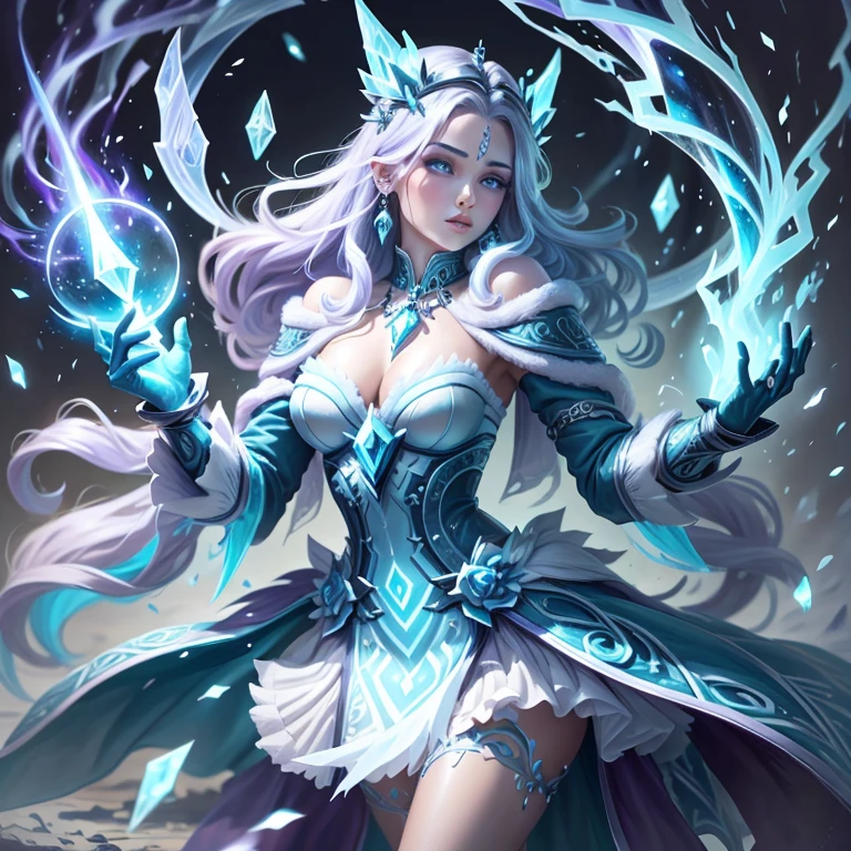 (better quality,ultra-detailed,Realistic:1.37)、1girl, she is using magic spell,IceMagicAI,she is using ice magic ;she is wearing very sexy outfit,small skirt,we see her lingerie colored, porte jarretelle,milf 30 years、(piercing eyes:1.5)、look agressif、elegant outfit、ice magicarcs dancing around、hold a large magic scepter enchanted with frost magic,outside, scene of launching an spell with a magic circle, corps entier,