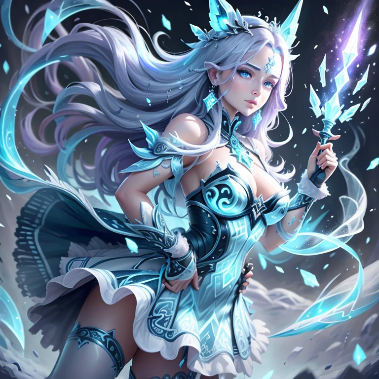 (better quality,ultra-detailed,Realistic:1.37)、1girl, she is using magic spell,IceMagicAI,she is using ice magic ;she is wearing very sexy outfit,small skirt,we see her lingerie colored, porte jarretelle,milf 30 years、(piercing eyes:1.5)、look agressif、elegant outfit、ice magicarcs dancing around、hold a large magic scepter enchanted with frost magic,outside, scene of launching an spell with a magic circle, corps entier,