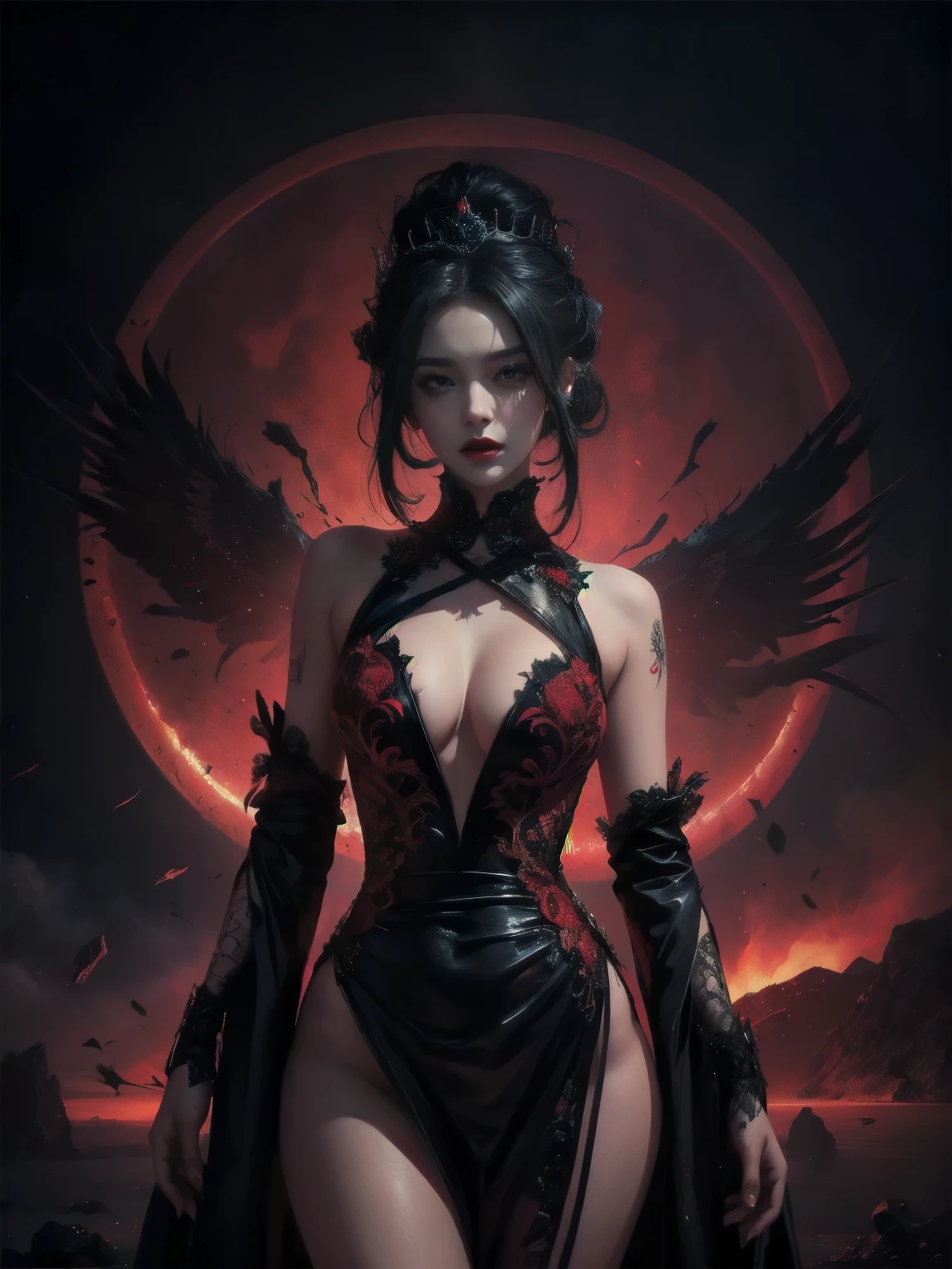 volcano in background, erotic,/ dark queen, evil, sinister, fatal seduction, /colorful design , red design ,vermilion, Aurora, mythical, glowing light, red light,/ erotic pose, pore black hair, big eyes, body covered with tattoo, red lips, black dress