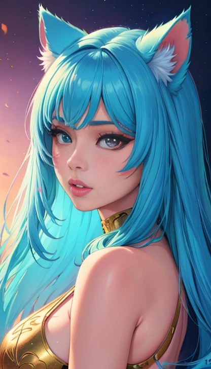 moody lighting, cute girl, (platinum blue hair), ((drill hair)), perfect face, smug smile, (glowing red eyes), (naked), (petite), (slender), (tiny breastlat chest), ((18 years old)), skindentation, extreme detail, attractive oval face, pink lips, pink nipples, glossy skin, detailed hair, face focus, close-up chest, gold ornamental necklace, earrings, (1 girl),