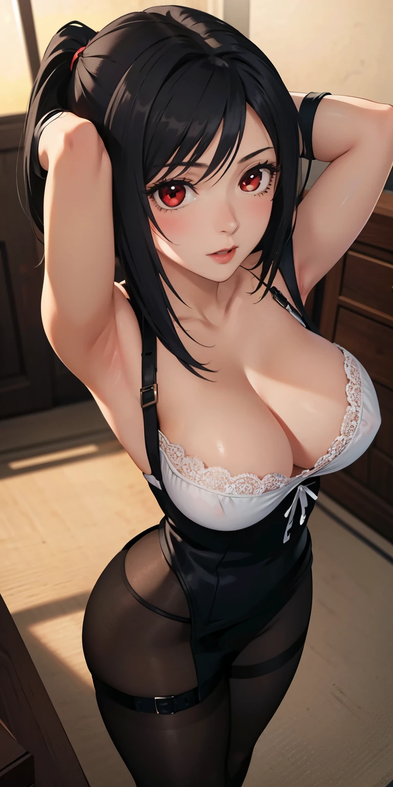 masterpiece, best quality, ultra-detailed, illustration,(1girl), Tifa Lockhart, looking at viewer, close up, (breast focus), (arms above head:1.2), (from above:1.1), black hair, Medium breasts, (breasts out:1.3), (off shoulder:1.1), lace underwear, random pantyhose, black hair, red eyes, Sharringan eyes,