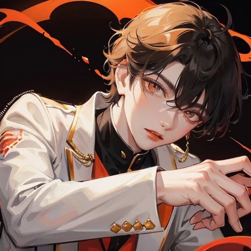 A ager male with black medium hair, pale skin, light orange eyes and red lips with white prince suit