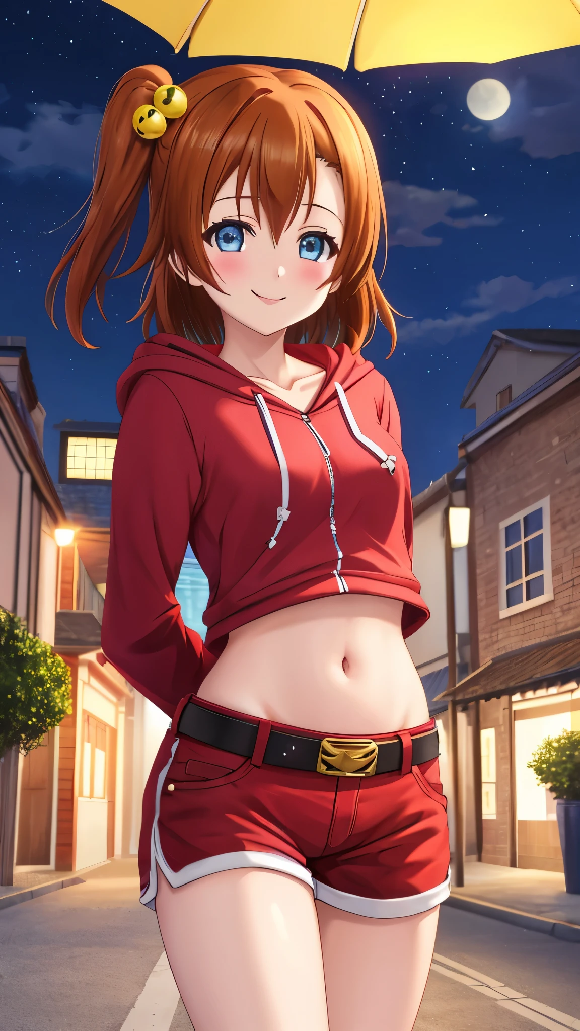 Masterpiece, best quality, cowboy shot, kousaka honoka,floating hair, blue eyes,solo, looking_at_viewer, blush, short_hair, long_sleeves, collarbone, yellow_eyes, hair ornaments, village street, hood, bare_legs,red crop hoodie, midriff,navel ,standing, hood_down, arms behind back,thicc thighs,red shorts, normal belt, smile , night