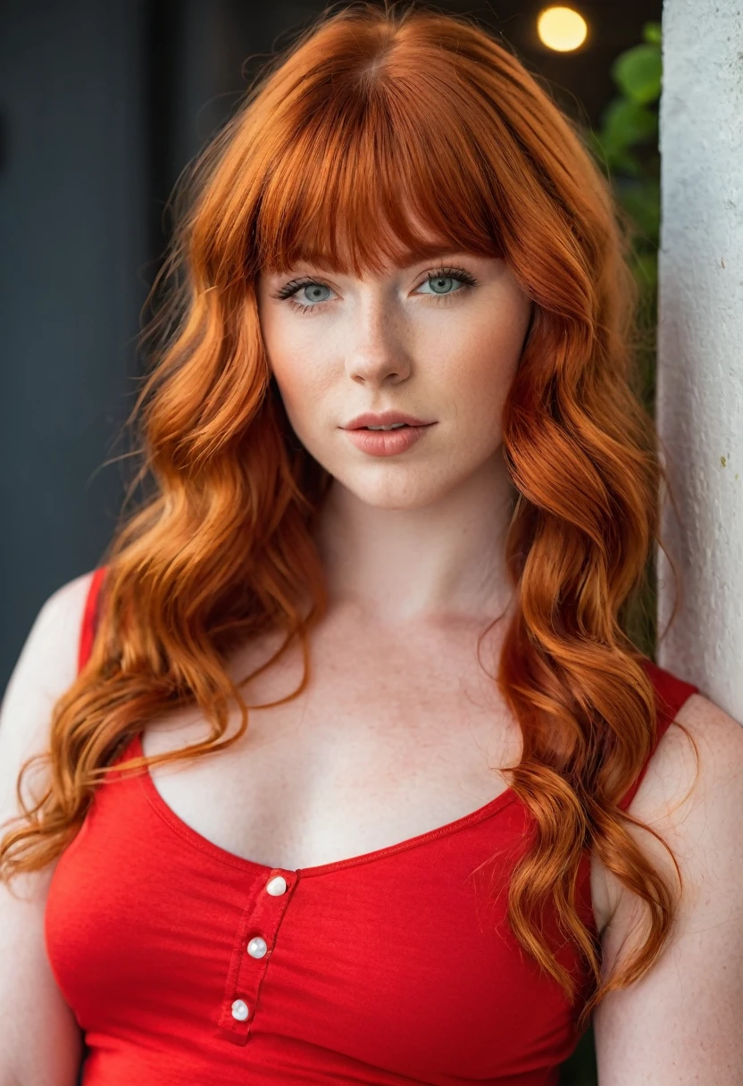 (Hotlexi woman), (best high quality:1.5), ((8k)), extremely detailed, (High details:1.4), Solo, 18 year old irish female, (wavy red hair with bangs), ((very muscular body:1.4)),