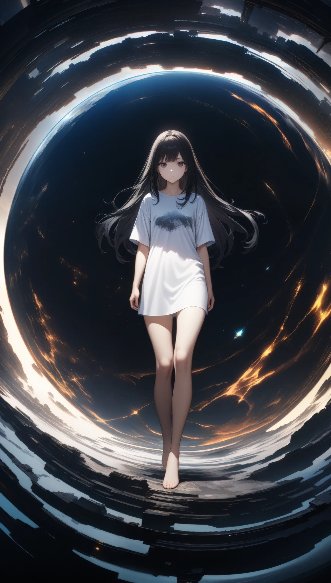 32k, best quality, ultra high res, HDR, UHD, extremely detailed CG, unity 32k wallpaper, Visible through the white shirt (((masterpiece, highest quality)), No pants, 1 girl, alone, White Background, Black Hair, Long Hair, Absolute area, skirt, ((whole body)),