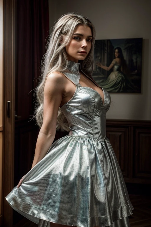 full view beautiful pretty woman costume d&#39;cyborg spider , descendant un escalier, costume araignée blanc et rouge , deep neckline, 
silhouette attrayante, yeux verts brillants, Long Flowing Silver Hair , visage clair, Realistic, détails nets proches de la perfection, dynamique, surRealistic, 
art conceptuel, lisse, incroyablement belle femme de vingt ans, silhouette attrayante