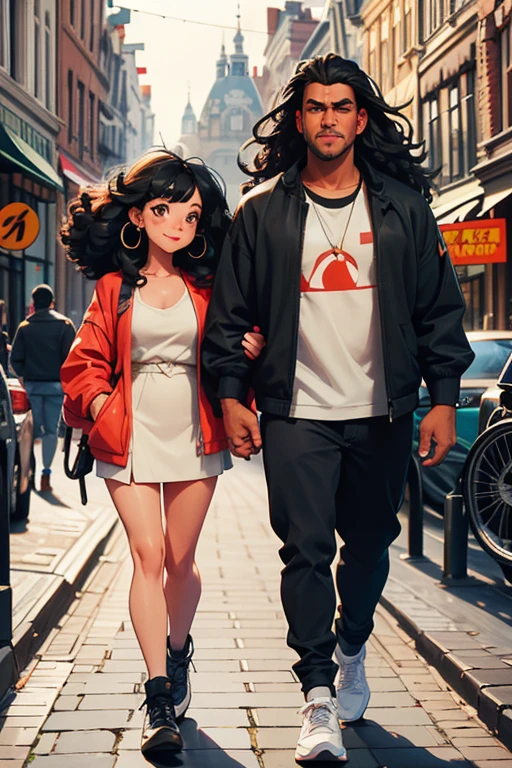 Girl with black long curly hair, tall, slightly large man with black hair, walking the streets of Amsterdam in cool street style clothes, they love each other and have fun and look around.