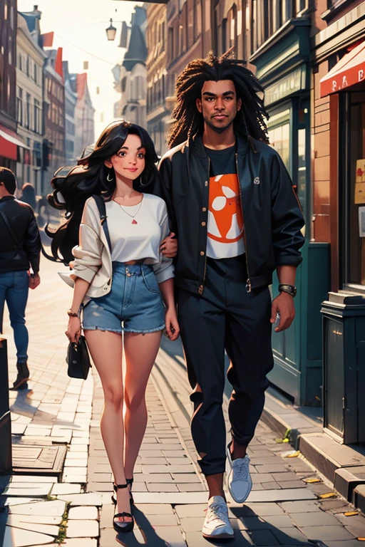 Girl with black long curly hair, tall, slightly large man with black hair, walking the streets of Amsterdam in cool street style clothes, they love each other and have fun and look around.