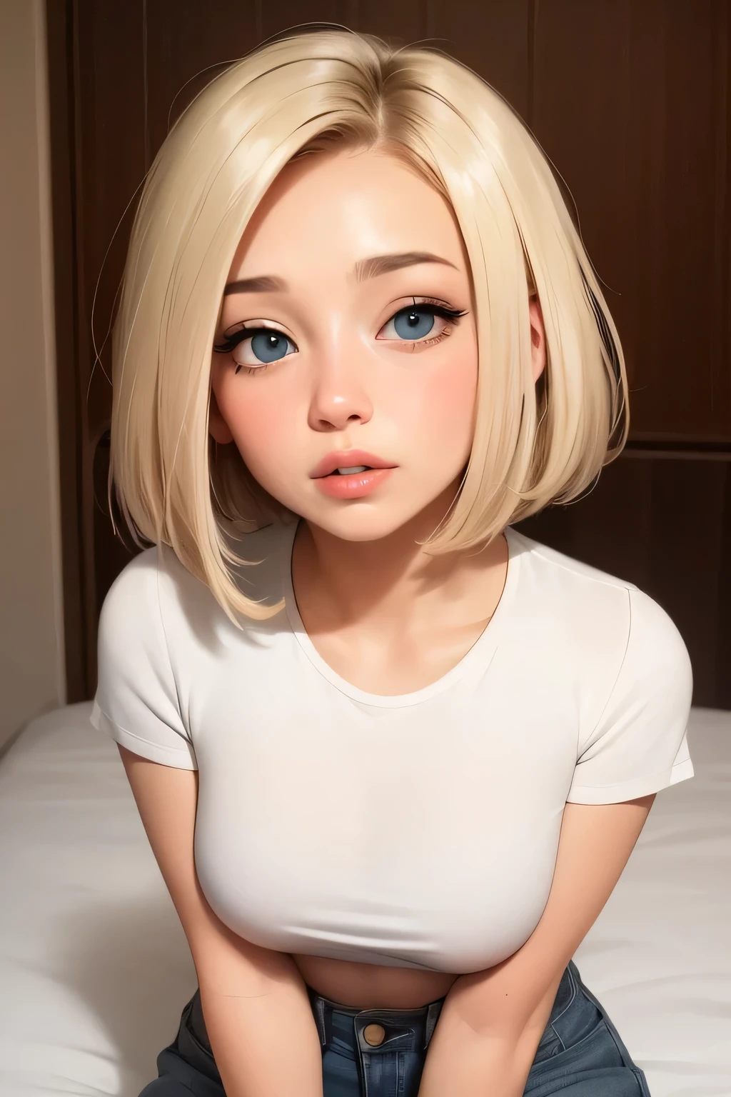 ((Top Quality, 8k, Masterpiece: 1.3)), [white swedish blonde] Beauty 1 Person: 1.3, Wet skin all over with aromatic oils, Ultra detailed face, Detailed eyes, Double eyelids, Slender abs, (((pixie cut)))], slim body, large azure eyes, luscious lips, freckles, looking at the camera, detailed face, detailed eyes, light gold lace micro bikini, Hotel bed, Crawling on all fours, Looking at the camera, Open mouth, From below