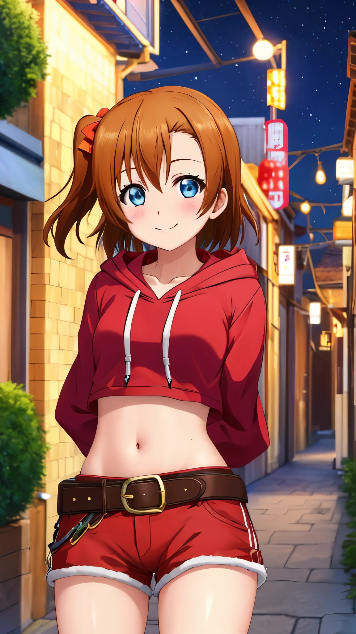 Masterpiece, best quality, cowboy shot, kousaka honoka,floating hair, blue eyes,solo, looking_at_viewer, blush, short_hair, long_sleeves, collarbone, yellow_eyes, hair ornaments, village street, hood, bare_legs,red crop hoodie, midriff,navel ,standing, hood_down, arms behind back,thicc thighs,red shorts, normal belt, smile , night, crotch 