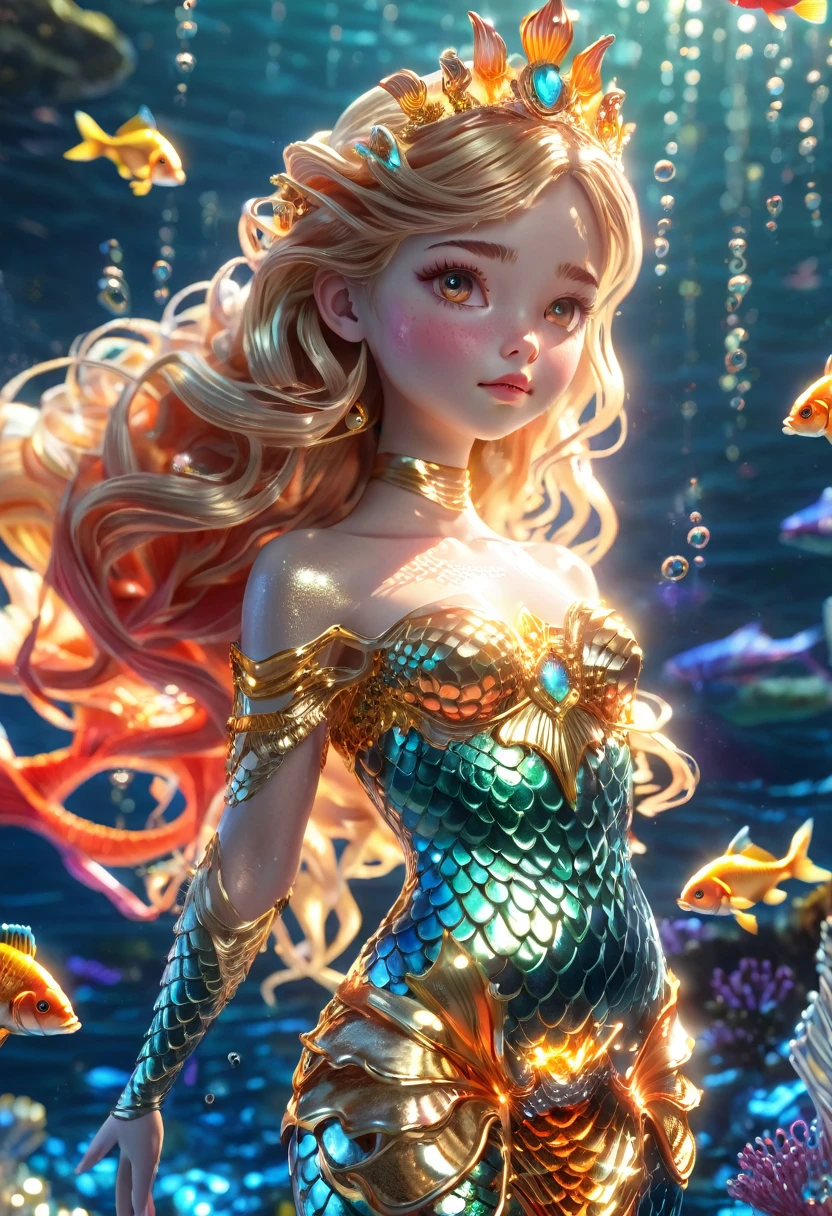 ((cuerpo entero, plano general:1.3)),1girl, beautiful mermaid princess, elegant mermaid dress, coral crown, sparkling crown, golden fish tail, golden scales, deep ocean, sunlight ray, intricate details, high quality, photorealistic, 8k, masterpiece, fantasy, dramatic lighting, cinematic, award-winning digital art