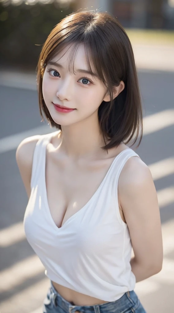 Innocent 20 year old girl、((White tank top, Dramatic poses)),Smile,short-cut,Natural park、Raw photo, (8K、top-quality、masterpiece:1.2)、(intricate detailes:1.4)、(Photorealsitic:1.4)、octane renderings、Complex 3D rendering ultra detail, Studio Soft Light, Rim Lights, vibrant detail, super detailing, realistic skin textures, Detail Face, Beautiful detail eyes, Very detailed CG Unity 16k wallpaper, make - up, (detailedbackground:1.2), shinny skin, Full body、 of the breast,(ing with hands folded behind your back、Leaning forward、Angle from above))