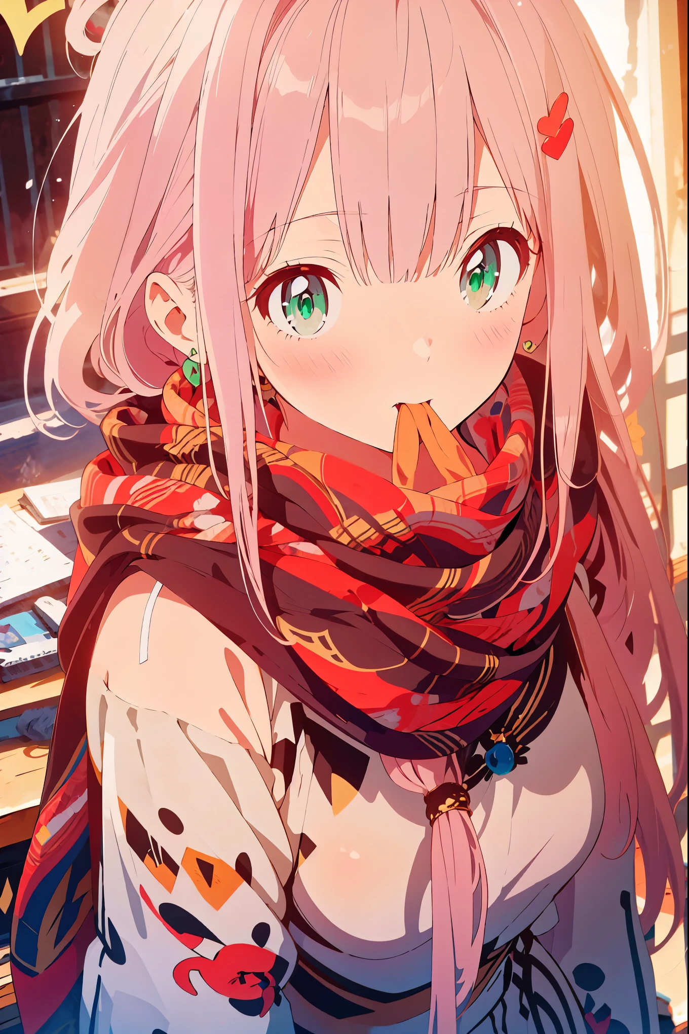 {{{{tmasterpiece}}}}, {{{ultra - detailed}}}, {{{A high resolution}}}, {{Good anatomy}}, (((Best quality at best))), ((Maximalism)),((Emerald eyes,with pink hair)),{{Extremely detailed and refined}}, {8k CG wallpaper}, {{illustratio,Get on camera,closeup of face,Face portrait}}, (long white hair|detailed hair|bluntbangs|shinny hair),((blazer: The white,vintage,bohemian style,plaid shirt,brown knitted scarf cover mouth,oversize scarf,scarf over mouth)),shy face,ear rings,Blushing with joy,girlfriend atmosphere,custom design,(1 girl:1), Alone,((small breasts)), (color difference:1.2)