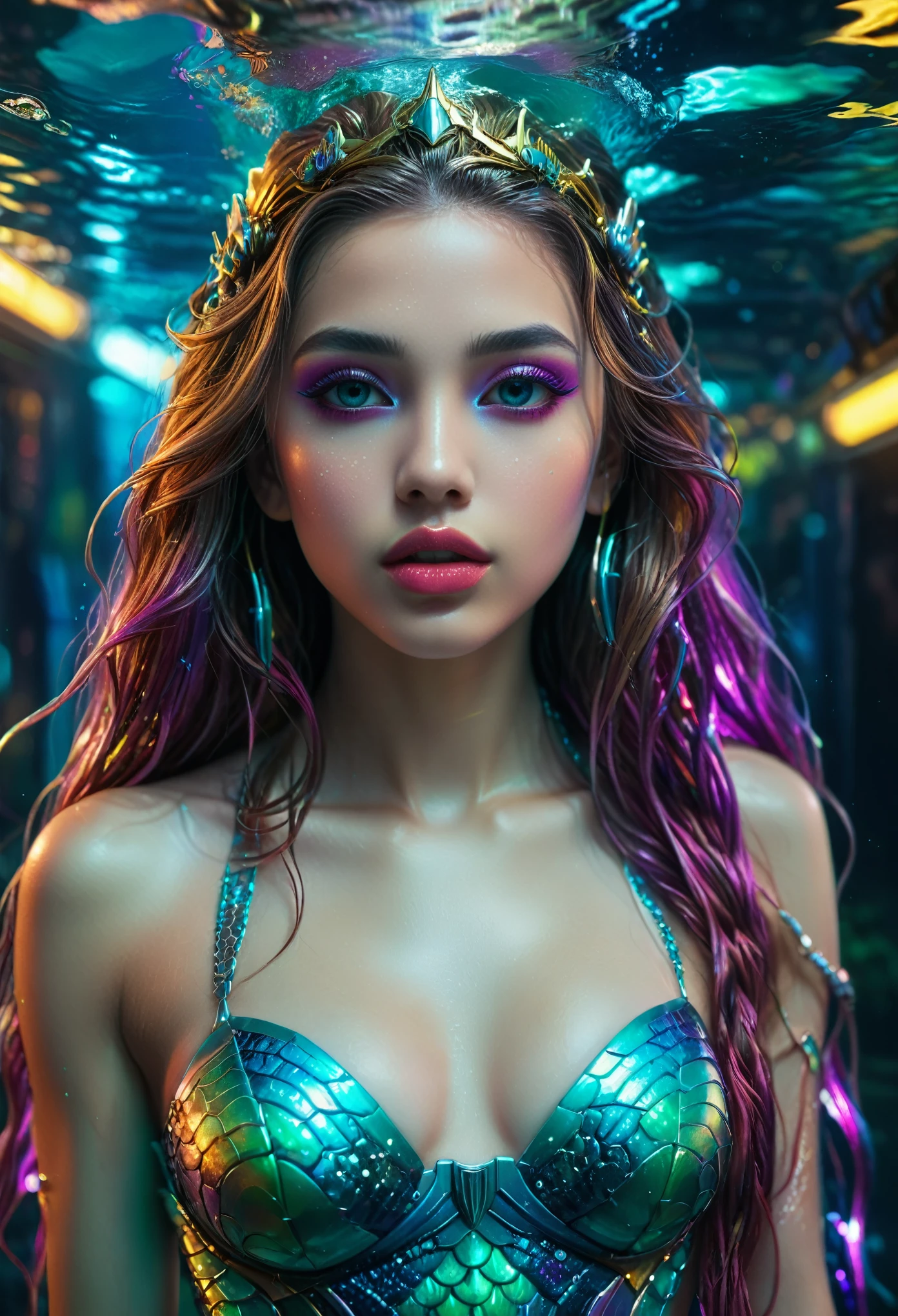 a mermaid princess, cyberpunk style, detailed face, detailed eyes, detailed lips, long hair, underwater scene, neon lights, ((Full body shot))digital art, 8k, high quality, intricate details, hyper realistic, cinematic lighting, vibrant colors, futuristic, photorealistic