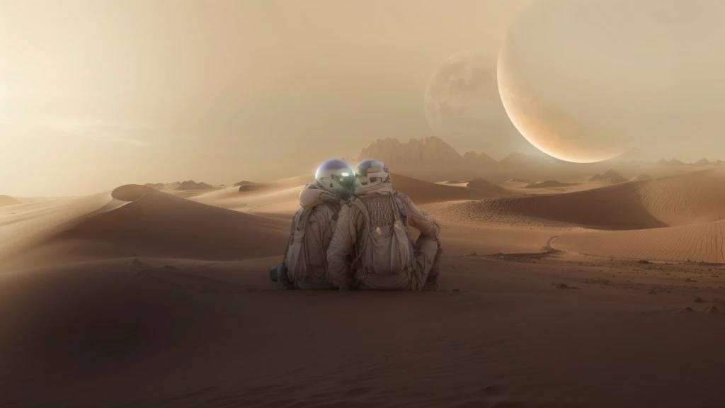 vista arafada de um deserto com uma lua crescente e algumas pequenas luas, desert alien planet, suns set on a Planeta deserto, beautiful alien landscape, alien desert, alien surface planet, planeta deserto, an alien landscape view, on a Planeta deserto, Planeta deserto, paisagem do exoplaneta, planetary landscape, an alien landscape, stunning alien landscape, alien planet landscape