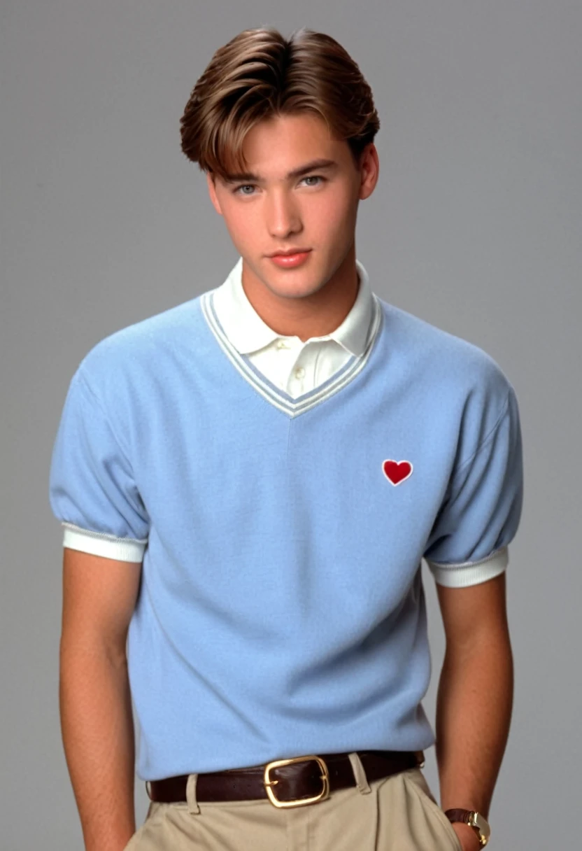 90s heartthrob, 26 years old, male, 1990s, 90s, preppy clothes, short floppy brown hair, arrogant
