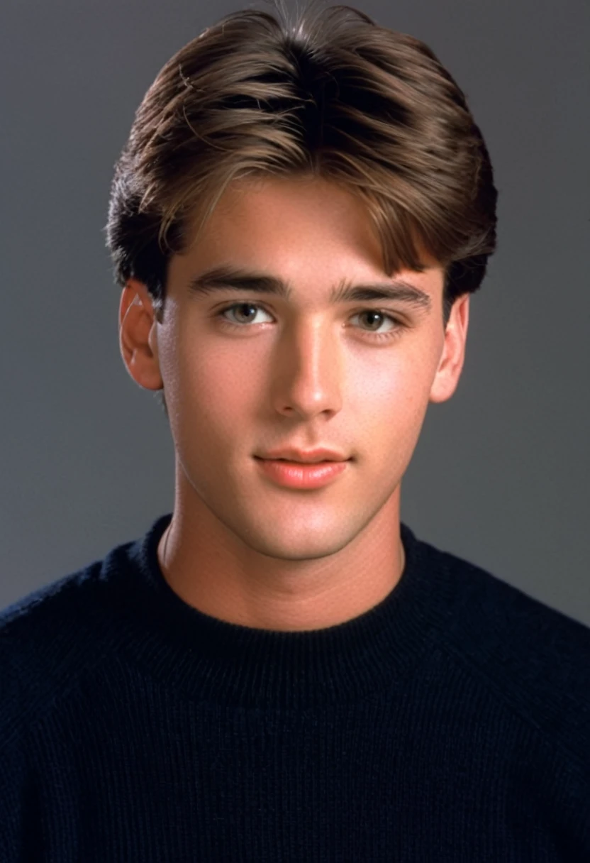 90s heartthrob, 26 years old, male, 1990s, 90s, preppy clothes, short floppy brown hair, arrogant