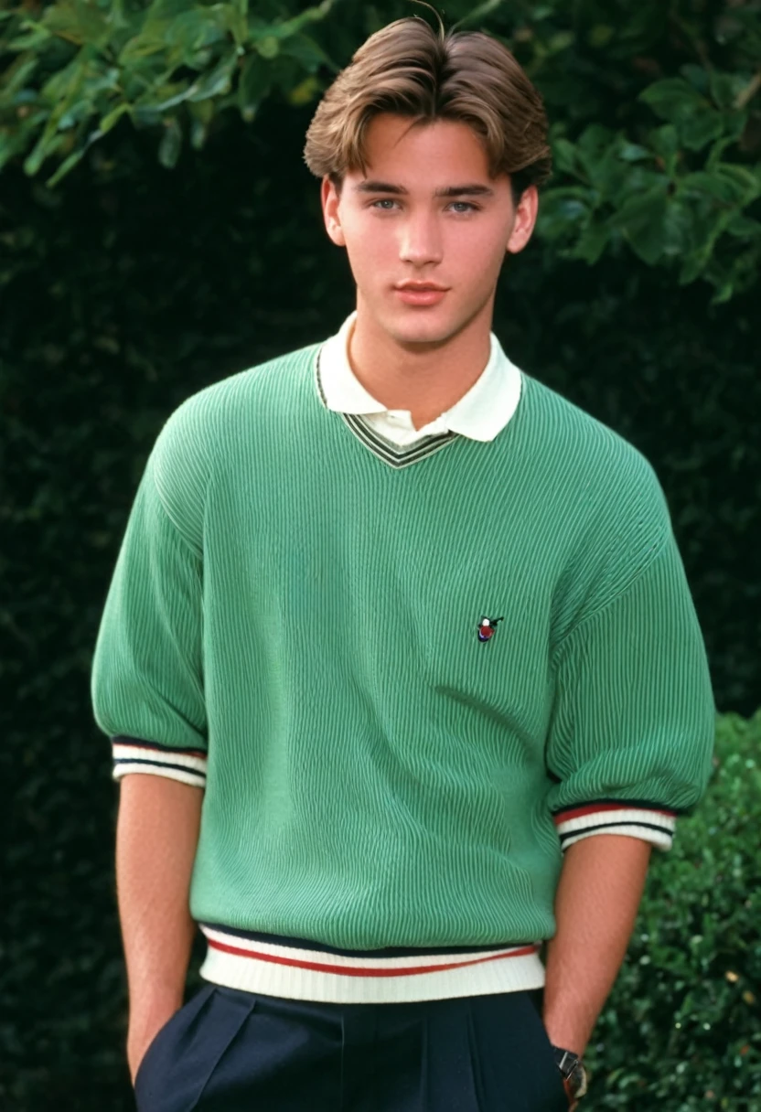 90s heartthrob, 26 years old, male, 1990s, 90s, preppy clothes, short floppy brown hair, arrogant