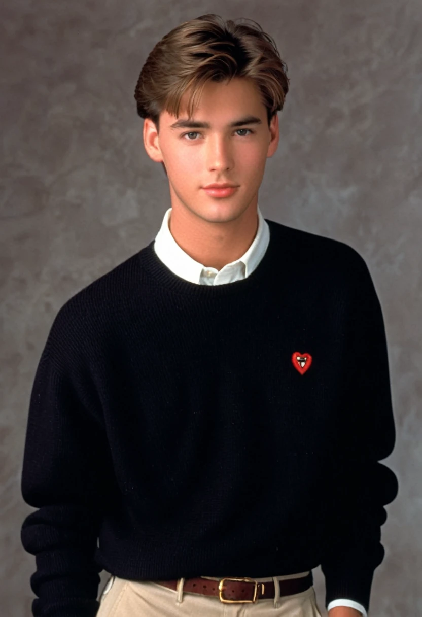 90s heartthrob, 26 years old, male, 1990s, 90s, preppy clothes, short floppy brown hair, arrogant 