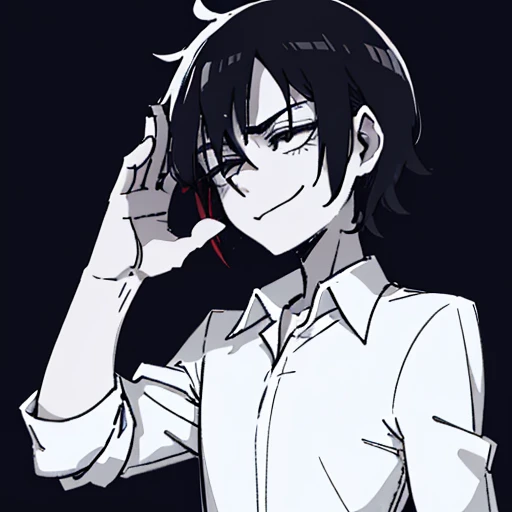 Anime boy, simple straight black hair, panic emotions, pale, miserable, panic, need help, black theme, dark, creepy, weird, white shirt, pathetic, lost mind, weirdo, man, thin, dirty, he looks scary, smiling creepily, crazy, insane, really dark eyes