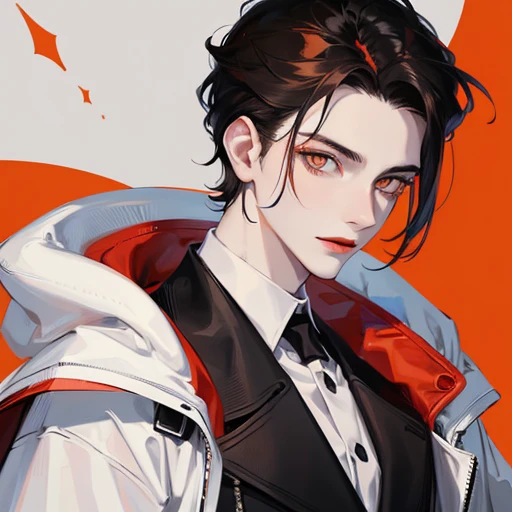 A hot teenager male with black medium hair, pale skin, light orange eyes and red lips with white prince suit and detailed face