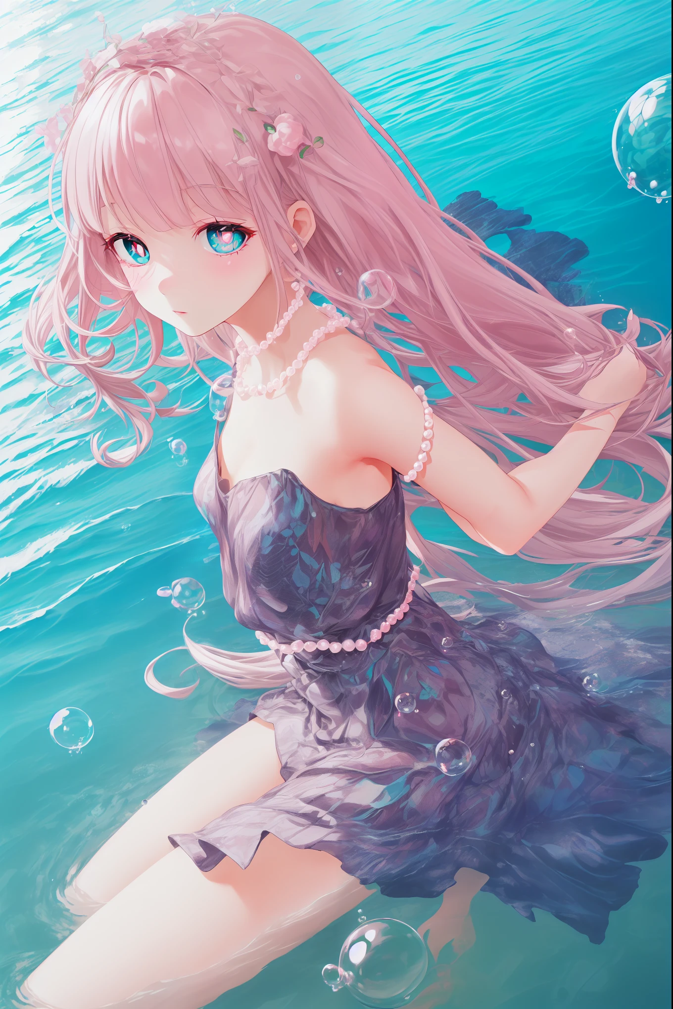 (((pearl pink hair,emerald pupils))),((beautiful and detailed)),(blushing), (geometric:1.1),(((under the water,in the ocean,bubbles,fish))), ((1girl,amazing,adorable girl,solo,arms down)),(Masterpiece,Best quality, offcial art,fractal art, Beautiful and aesthetic:1.2),(4k,HD,HRS),((small breasts)),(Physically-based rendering),Sharp focus, (((highdetailskin,The details are complex、Shallow depth of field、movie lighting、Reflectors、a Canon EOS R5、50mm lens、f / 2.8、shot at 8k resolution))),simple cloths，correct pupils,((((shiny hair|detailed hair|half bangs|long hair)))),(masterpiece sidelighting),(The sheen),(beautiful hair,beautiful background,bokeh:55mm)),((extremely_Detailed_Eyes_and_face)),Movie girl,(Dynamic posture: 1.2),Brilliant