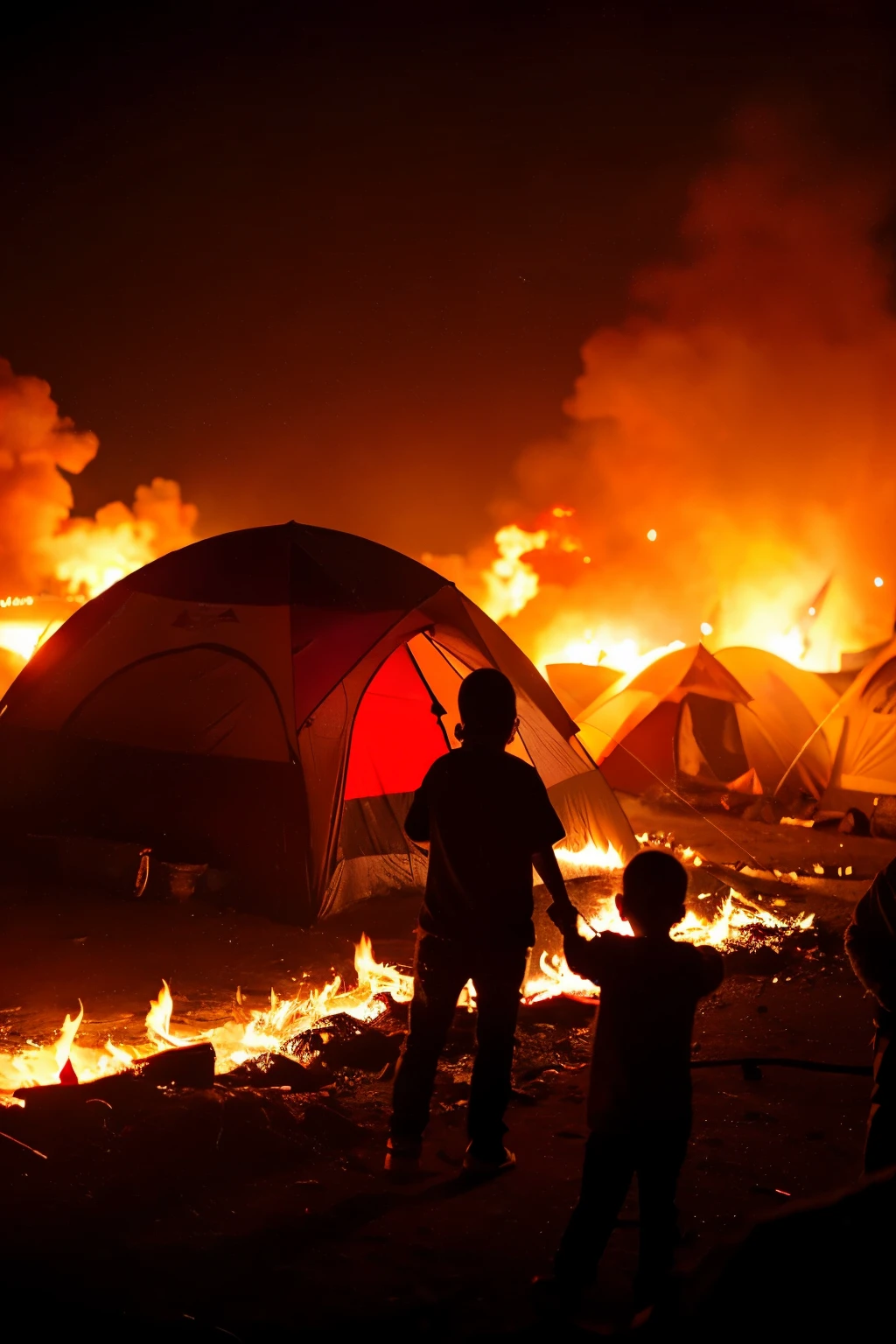 A night scene in fiery red tones showing a Palestinian camp on fire, as the flames devour the camp and spread among the tents.. People are shown facing the flames, while a young  stands in the foreground, a tear streaming down his cheek