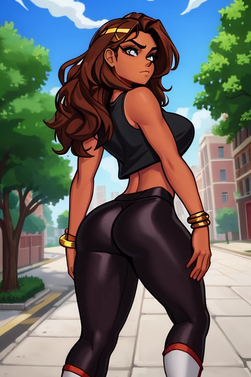 (best quality:1.3), (4K quality),masterpiece, best quality, high res, detailed, (Detailed face:1.2), (Detailed eyes:1.2), (Perfect figure:1.2), CARTOON, ANIME, CARTOON ARTSTYLE, a 42-year-old Latina woman, (tan-bronze skin:1.5), red lipstick, mascara, eyeshadow, she is wearing a red tank-top and shiny black leggings, she has a fat ass and wide hips, she have long brown hair, amber colored eyes, she has a wide load butt and plump figure, she's walking down the streets of Los Angeles. She's looking at the camera with an amused look on her face, she's blushing, she very flirtatious. Pov from behind, ass view, looking at from behind, solo focus