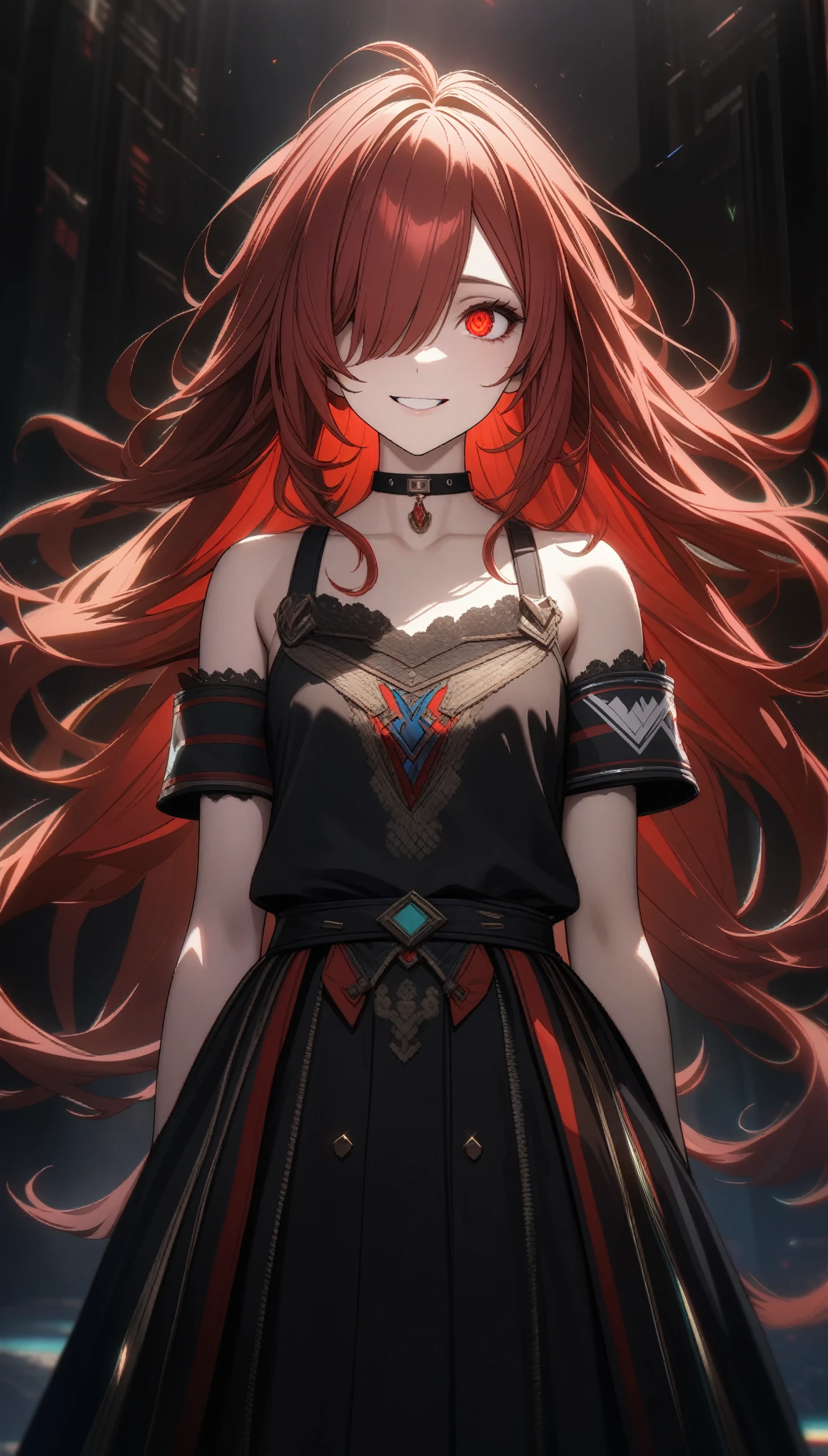 32k, best quality, ultra high res, HDR, UHD, extremely detailed CG, unity 32k wallpaper, highest quality, Intricate details, chromatic aberration, One girl, Long Hair, Red hair, Messy Hair, Red highlights, Hair on one eye, Red eyes, Sharp eyes, choker,, , Armband, Put your arms behind your back, Arms tied,  Laugh eerily, 