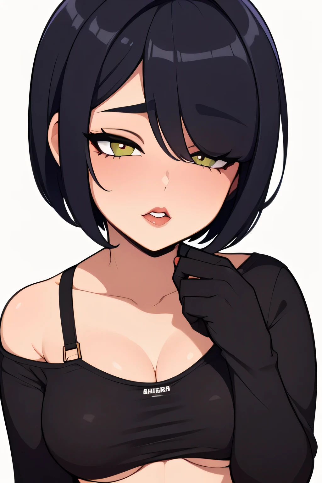 Amazing portrait of a cute goth woman with her short black hair in a bob hairstyle and she's wearing heavy eyeliner around her eyes and she's gazing at you seductively she wears an off shoulder t shirt that is orange and black with black bra straps