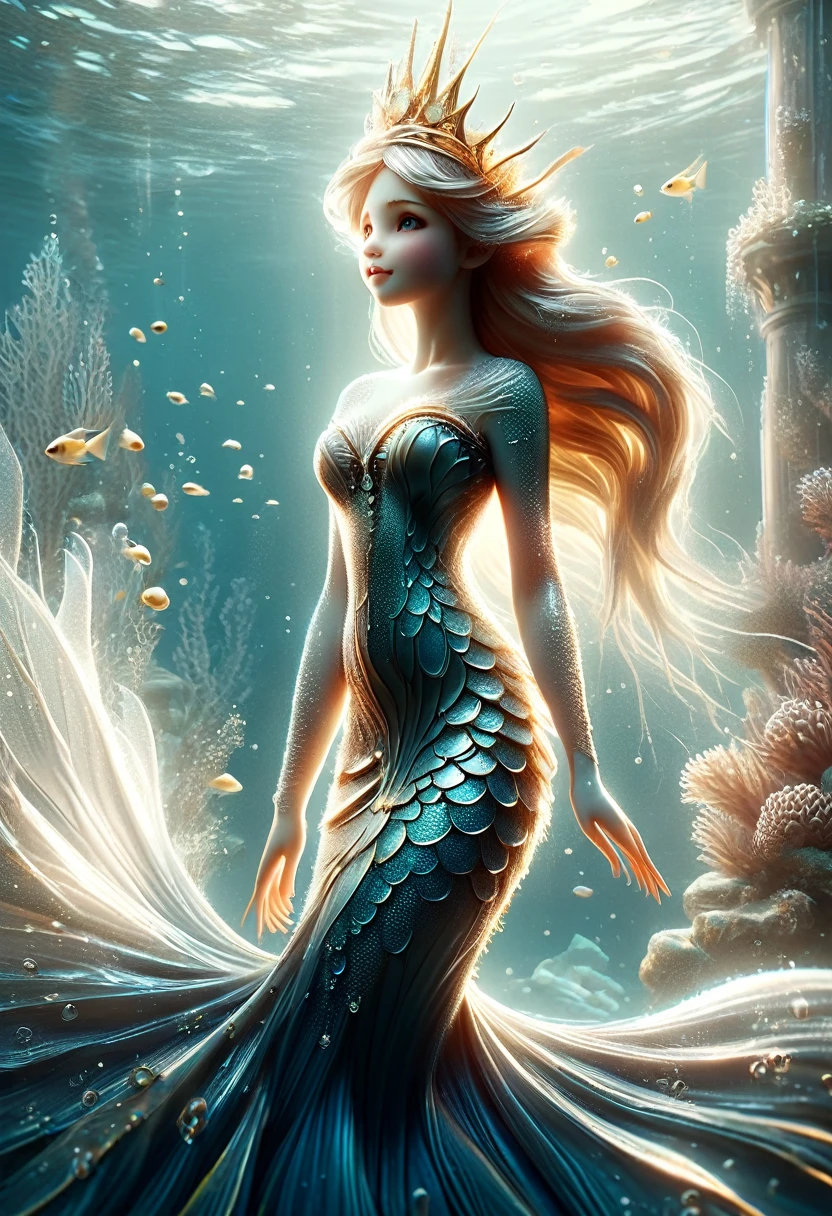 ((cuerpo entero, plano general:1.3)),1girl, beautiful mermaid princess, elegant mermaid dress, coral crown, sparkling crown, golden fish tail, golden scales, deep ocean, sunlight ray, intricate details, high quality, photorealistic, 8k, masterpiece, fantasy, dramatic lighting, cinematic, award-winning digital art