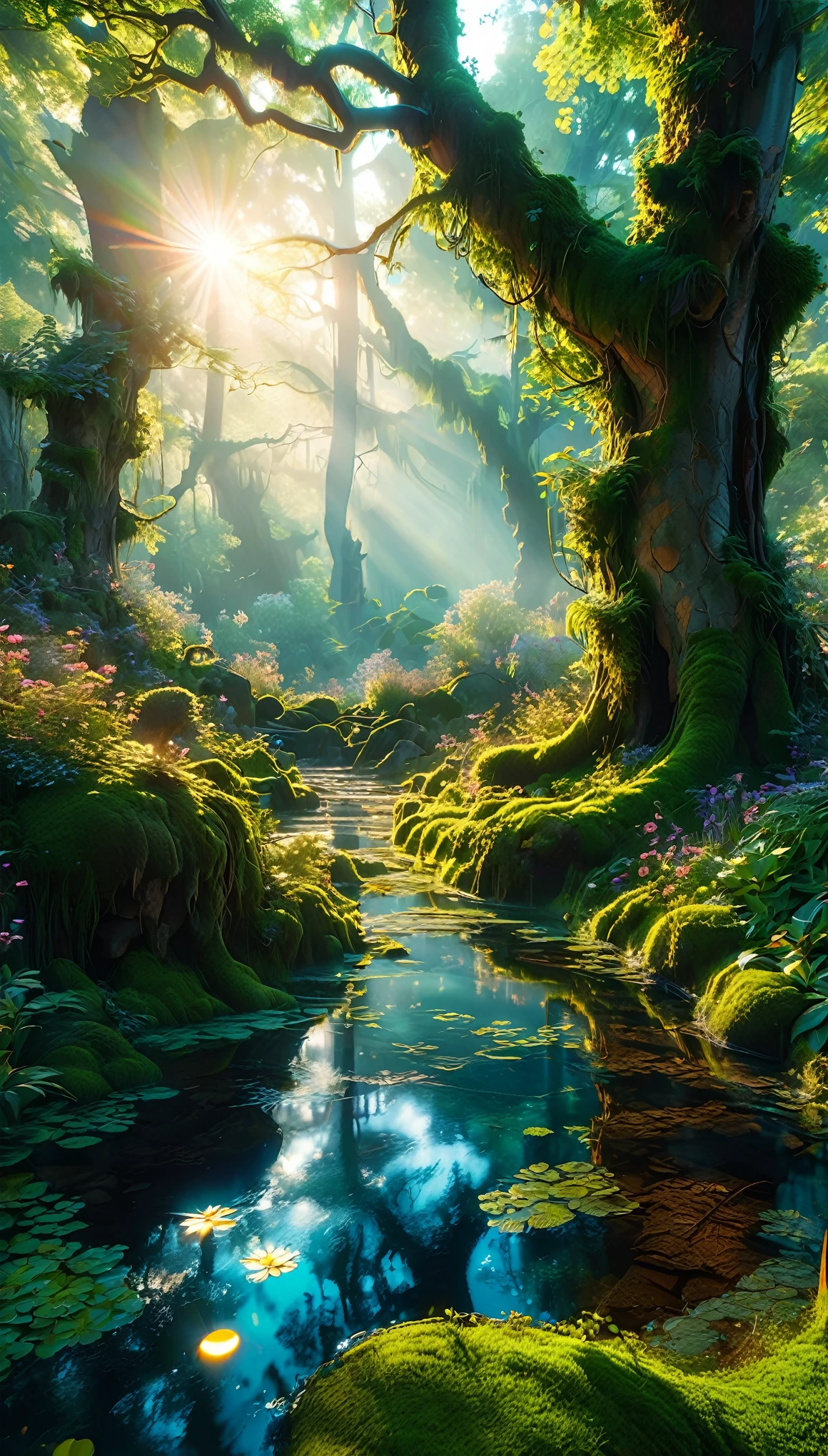Create a stunning scene of an enchanted forest at dusk, rendered in highly detailed digital art with 4K and 8K resolutions, using Octane and inspired by the style of Studio Ghibli. This concept art should be a masterpiece of official illustration, merging realism and whimsical elements to achieve the highest quality.
The landscape is a mystical woodland, bathed in the soft, golden light of the setting sun. Ancient trees, their trunks thick and gnarled, stretch upwards, their canopies forming a dense, leafy ceiling. The forest floor is covered in a carpet of moss and wildflowers, their vibrant colors standing out against the darkening shadows.
In the midst of this magical environment, glowing orbs of light hover and dance, casting a gentle, ethereal glow. These will-o'-the-wisps illuminate hidden pathways and secret glades, adding a sense of wonder and mystery. The light from the orbs creates intricate patterns of light and shadow, enhancing the forest's magical ambiance.
Scattered throughout the forest are small clearings where ancient stone ruins stand, covered in vines and moss. These ruins hint at a forgotten civilization, adding a layer of intrigue and history to the scene. Delicate streams of water trickle through the forest, their surfaces sparkling in the fading light.
The composition captures the interplay between the grandeur of the ancient trees and the delicate details of the flora and glowing orbs. The rendering by Octane highlights the textures of the bark, moss, and ruins, bringing the enchanted forest to life with stunning realism and fantasy.
Every element is meticulously crafted, from the intricate foliage to the mysterious glowing orbs, creating a vivid and immersive experience. This digital artwork embodies the whimsical imagination and perfect composition envisioned by artists like Hayao Miyazaki and Yoshiyuki Momose, making it a true masterpiece