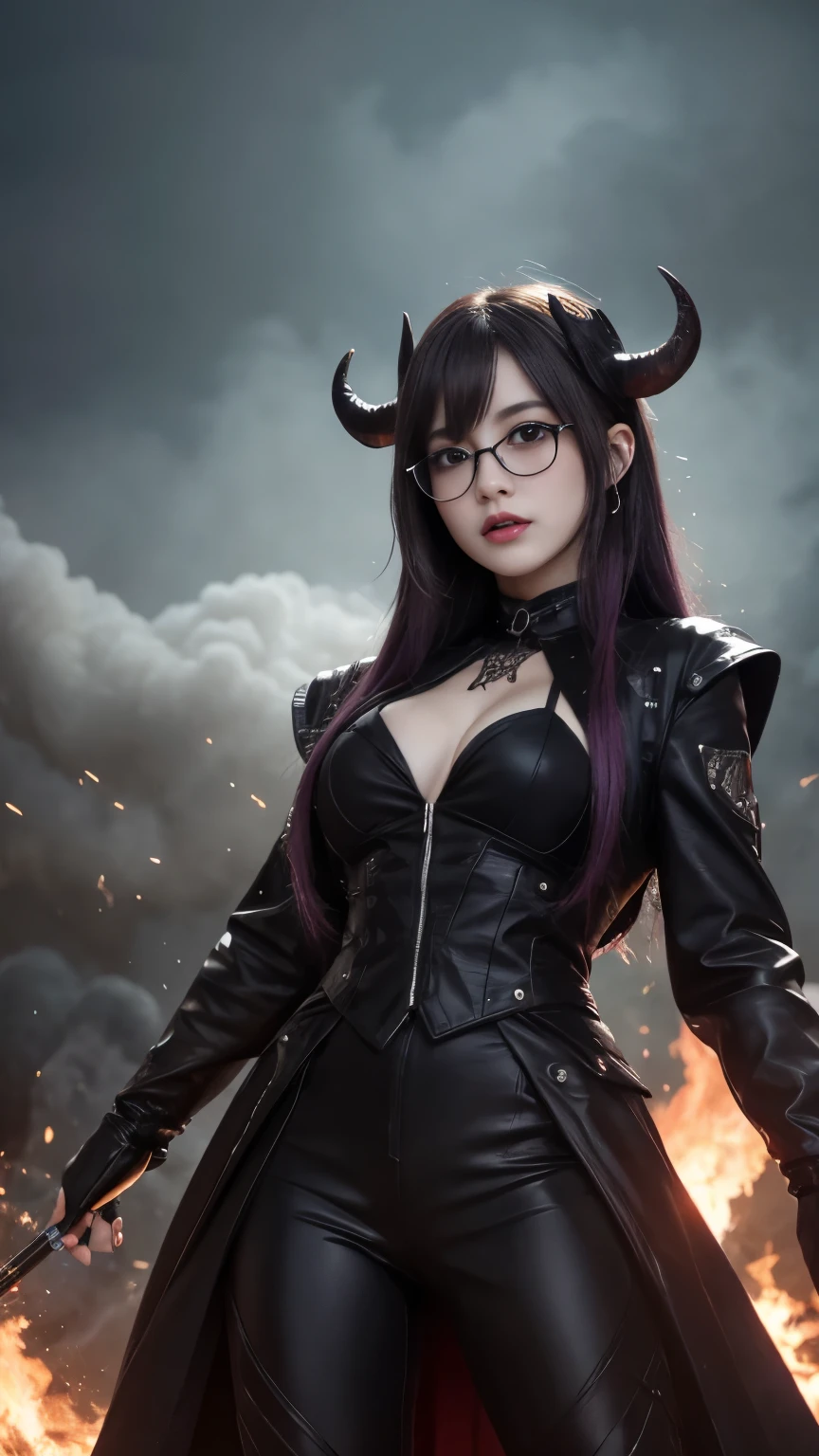 background(Black Night Sky,Big Moon),Woman close up,Wearing a white shirt、Purple Hair,Very long hair,very thick braids,Purple eyes,big 、((((Glasses))))、realistic girl rendering, 8k artistic german bokeh, Enchanting girl, Realistic girl, Gurwitz, Gurwitz-style artwork, Girl Roleplay, Realistic 3D style, cgstation Popular Topics,, 8K Portrait Rendering,(truth,truth:1.4),Wear pink pajamas,巨big ,Sparkling eyes,Purple eyes、(highest quality,4K,8k,High resolution,masterpiece:1.2),Very detailed,(Realistic,photoRealistic,photo-Realistic:1.37),Mythical monster,Beast-like creature,Muscular,Six big legs,Stand like a gorilla,Red fur covering the body,two big horns,Drill teeth,Sharp Claws,Huge shape,Burning Fire Magic,Energy aura,A threatening presence,Glowing Eyes,Intimidating posture,dark environment,Smoke-filled air,Ominous Shadow,Majestic and fierce,Explosive power,Vibrant colors,bold,Horror art style,Moving configuration,Dramatic lighting,Rib Layer,large sharp teeth,Sharp Edges,Very detailedスケール,Burning Crack,Burning Flames,Furious look,Burning with anger,Surrounded by sparks and embers), Scared, dark, spooky, Underwater mist liquid swirling cavity, highest quality, Front view, Satanic, 18 year old asian girl、Liu Wen, Shaved eyebrows, With big black ram horn, , A large snake with slimy tentacles wrapped around its shoulders. Moody and dramatic lighting, Lang Yun, storm, lightning, Smoke and Fog Environment, Fuzzy smoke background, Wide-angle shot, Wide-angle shot, elevation, Extreme angle shot, Vignette, Unrealistic Nightmare,