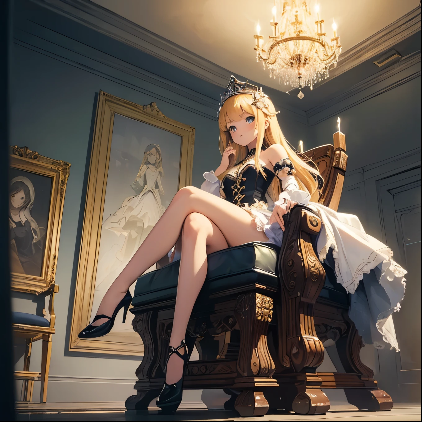 (Best image quality, masterpiece:1.2), (Super detailed illustration), Browsing Caution, (Cute Princess:1.3), (1 girl:1.2), alone, (From below), Browsing Caution, Black high-leg retard, Sit on the throne chair, Queen&#39;Crown, whole body, round, ( Blonde short hair), Underarm, (White thigh-high pantyhose:1.2), ((((Open your feet wide　Showing off pussy:1.5)))、Underarm, Wicked Smile, Mean face, A girl&#39;s bratty smile, Luxurious palace room, Fancy Room, RPG Royale, Beautiful feet, Show the soles of your feet,