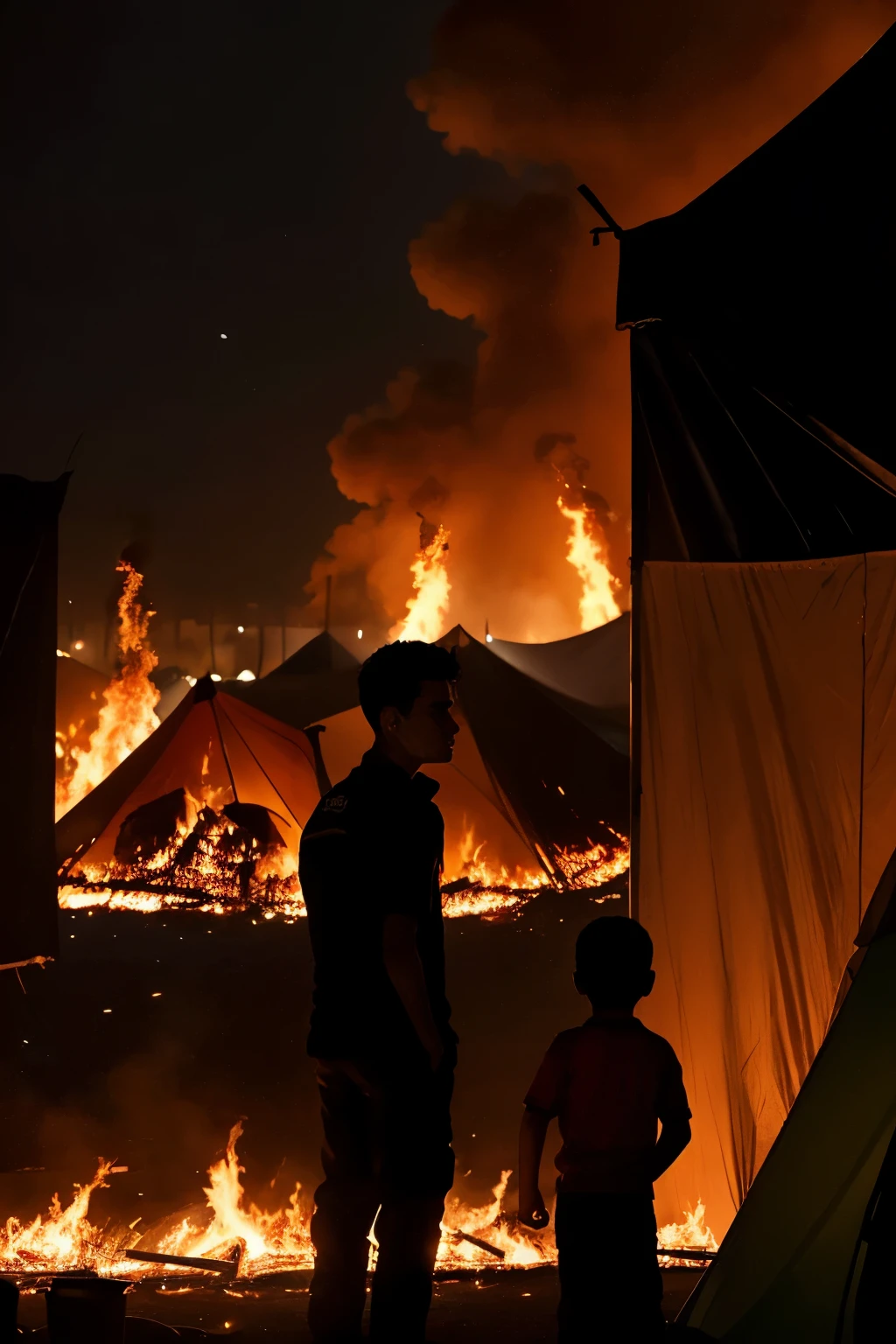 A night scene in fiery red tones showing a Palestinian camp on fire, as the flames devour the camp and spread among the tents.. People are shown facing the flames, while a young stands in the foreground, a tear streaming down his cheek