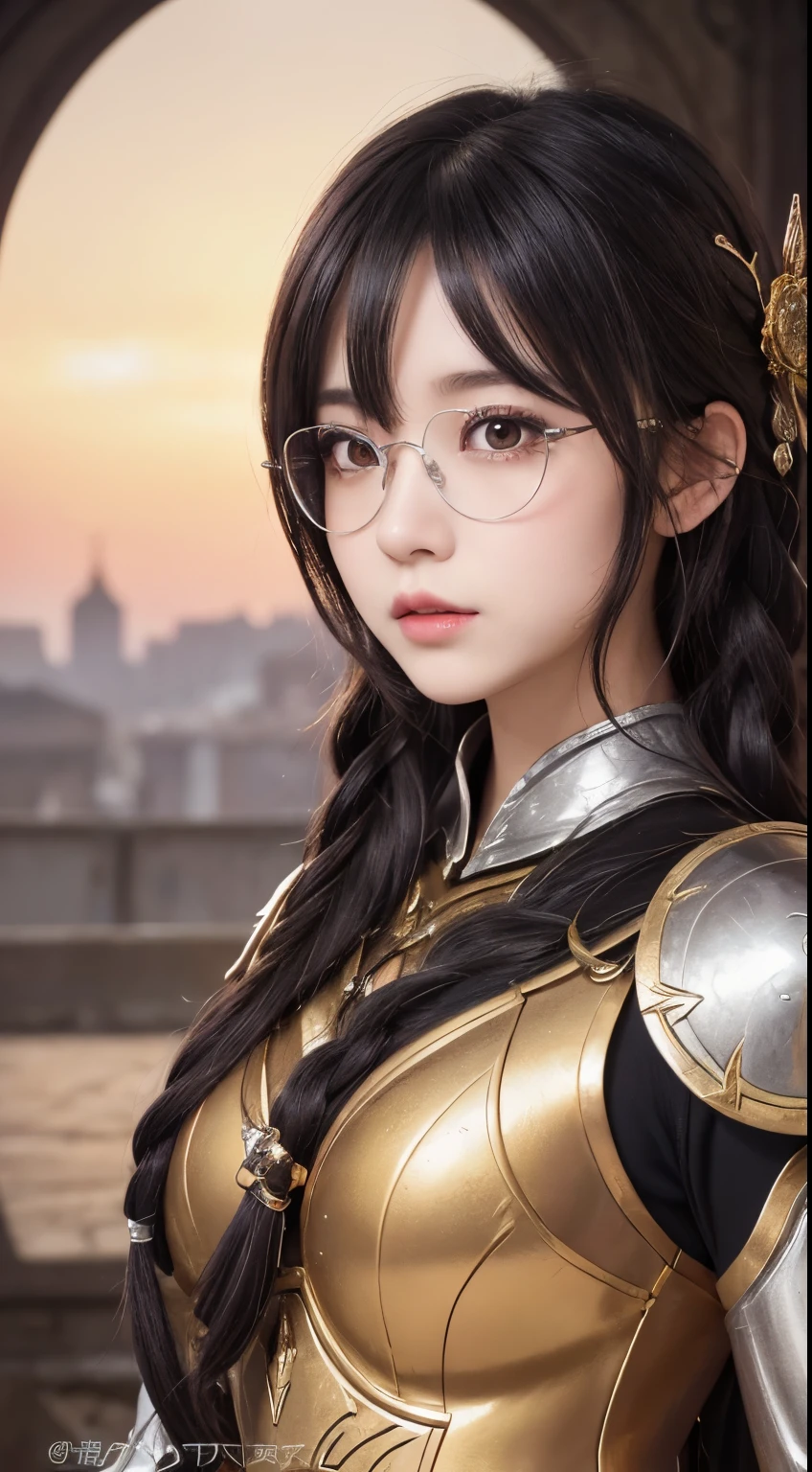 "(highest quality: 1.2), masterpiece, extremely detailed 8k uhd, ((Official Art)), CG, background（Black Night Sky，Big Moon），Close-up of a woman，Wearing a white shirt、Purple Hair，Very long hair，very thick braids，Purple eyes，big ， realistic girl rendering, 8k artistic german bokeh, Enchanting girl, Real Girl, Gurwitz, Gurwitz-style artwork, Girl Roleplay, Realistic 3D style, cgstation Popular Topics,, 8K Portrait Rendering,（truth，truth：1.4），Wear pink pajamas，巨big ，Sparkling eyes，Purple eyes 、1 Ultra-Detailed Goddess of War, A temple in the ruins of a ruined empire々Standing Up Together, (Dynamic posture: 1.3), Dense armor reveals the heart of the conflict, (Finer details), shine, Places with strong light, (armor of historical importance:1.2), Shine Metal Armor, ((((Glasses))))、(Shine magic symbol on armor:1.3), (There was magic all around her.:1.3), Long black hair waving in the wind in every detail, Detailed Weapon Holding, (Sharp Sword, Shine:1.3), Shine eyes filled with determination and vision, ((Silver Armor)), Ultra-detailed shield with a symbol of steadfastness, (intense expression:1.1), (After her, A new empire is soaring into the sky: 1.4), (Light is、Emphasize her domination and rebirth behind the scenes:1.4), (Fiery red flags fluttered:1.1), (The wind carries whispers of a new beginning:1.1), (wisdom and rebirth:1.2), (Strong stance:1.2), (Overwhelming Mystical Power:1.2), alone, (Shine sweat:1.1), Gem Armor, (Silver and gold contrast:1.3), (The overall red color covers the scenery:1.4)"