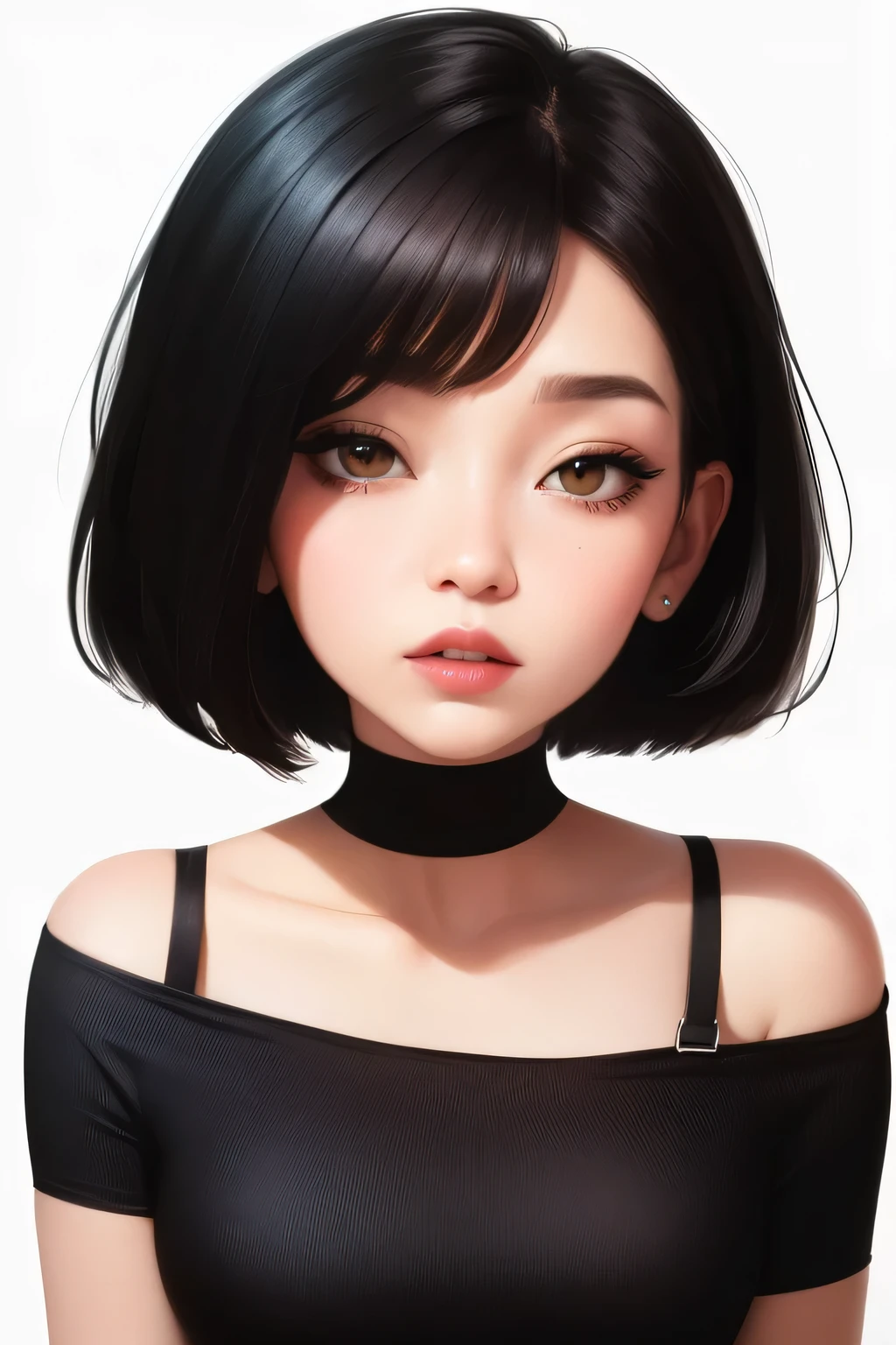 Amazing portrait of a cute goth woman with her short black hair in a bob hairstyle and she's wearing heavy eyeliner around her eyes and she's gazing at you seductively she wears an off shoulder t shirt that is orange and black with black bra straps