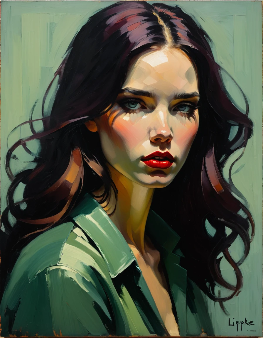 Create an evocative oil painting inspired by Malcolm Liepke, based on the provided image. Capture the intense, introspective expression of the model subject using thick, expressive brushstrokes and a muted color palette. Highlight the emotional depth and vulnerability in the subject's gaze, emphasizing the play of light and shadow on their face. Maintain a simple, textured background that complements the subject's contemplative presence. Focus on the tactile quality of the oil paint to convey the raw emotion and intimacy characteristic of Liepke's style. After applying thick paint, use a dry brush to drag over the surface lightly. This technique can create interesting textures by revealing the underlayers.