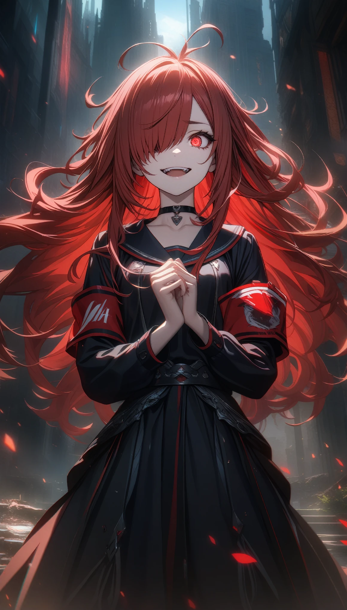 32k, best quality, ultra high res, HDR, UHD, extremely detailed CG, unity 32k wallpaper, highest quality, Intricate details, chromatic aberration, One girl, Long Hair, Red hair, Messy Hair, Red highlights, Hair on one eye, Red eyes, Sharp eyes, choker,, , Armband, Put your arms behind your back, Arms tied,  Laugh eerily, 