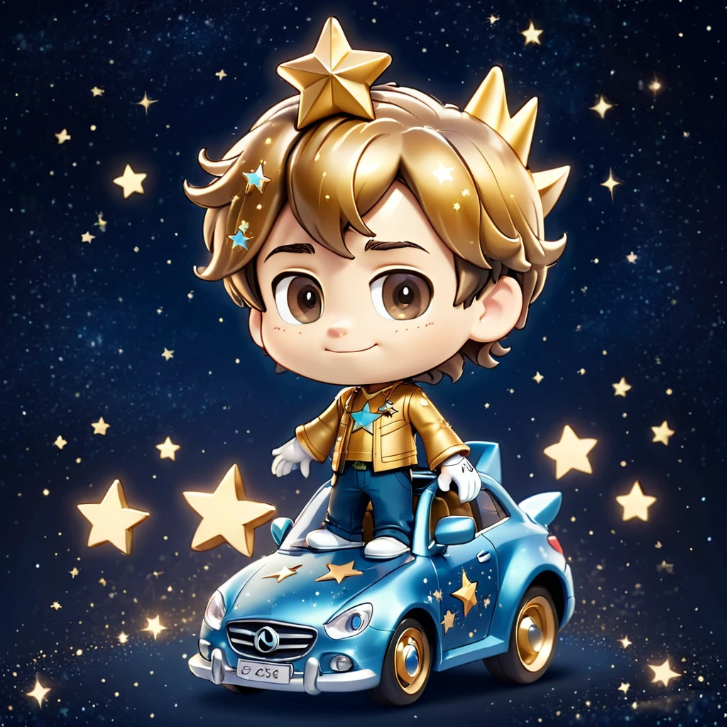 homem de 25 anos, com estrela dourada no lado direito do peito, estilo disney, chibi, corpo todo, bonitinho, sorridente, Motor irreal, detalhado,