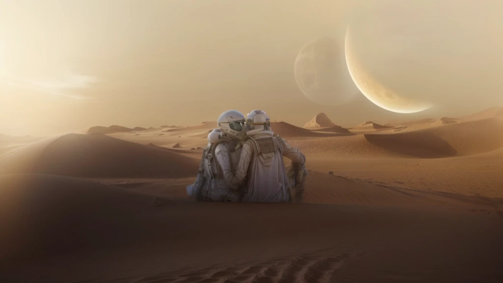 vista arafada de um deserto com uma lua crescente e algumas pequenas luas, desert alien planet, suns set on a Planeta deserto, beautiful alien landscape, alien desert, alien surface planet, planeta deserto, an alien landscape view, on a Planeta deserto, Planeta deserto, paisagem do exoplaneta, planetary landscape, an alien landscape, stunning alien landscape, alien planet landscape
