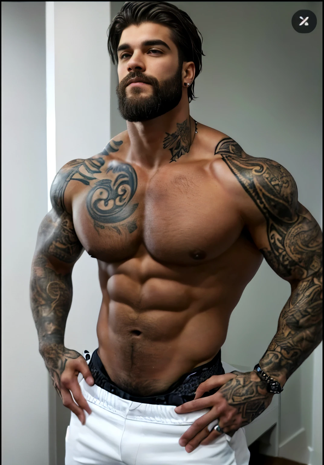 a man with a beard and tattoos standing in a room, Corpo musculoso tattooed, strong masculine traits, muito musculoso, corpos musculosos, big muscles, muscular men, muito bonito. big muscles, sexy Corpo musculoso, masculino e forte, parte superior do corpo musculoso sexy, forte e imponente, peito musculoso, Corpo musculoso, forte e musculoso, muito em forma e extremamente musculoso